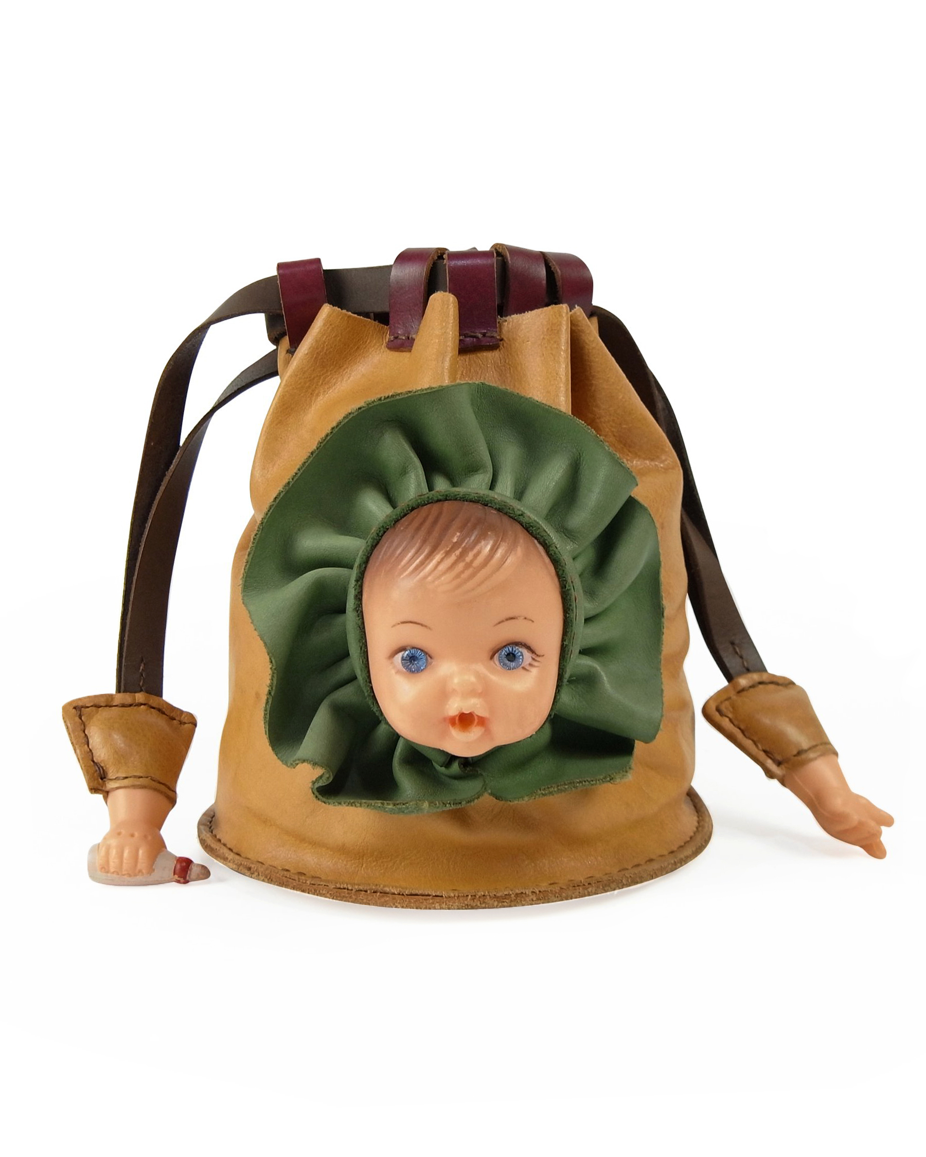 品牌TeTe茶皮古董娃娃卡其色手工皮革水桶包