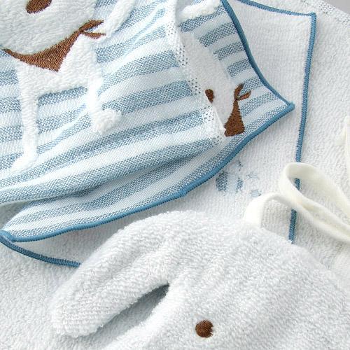 日本今治xSelbie Pon白犬 嬰兒毛巾連口水肩禮盒套裝(粉藍) (日本製)