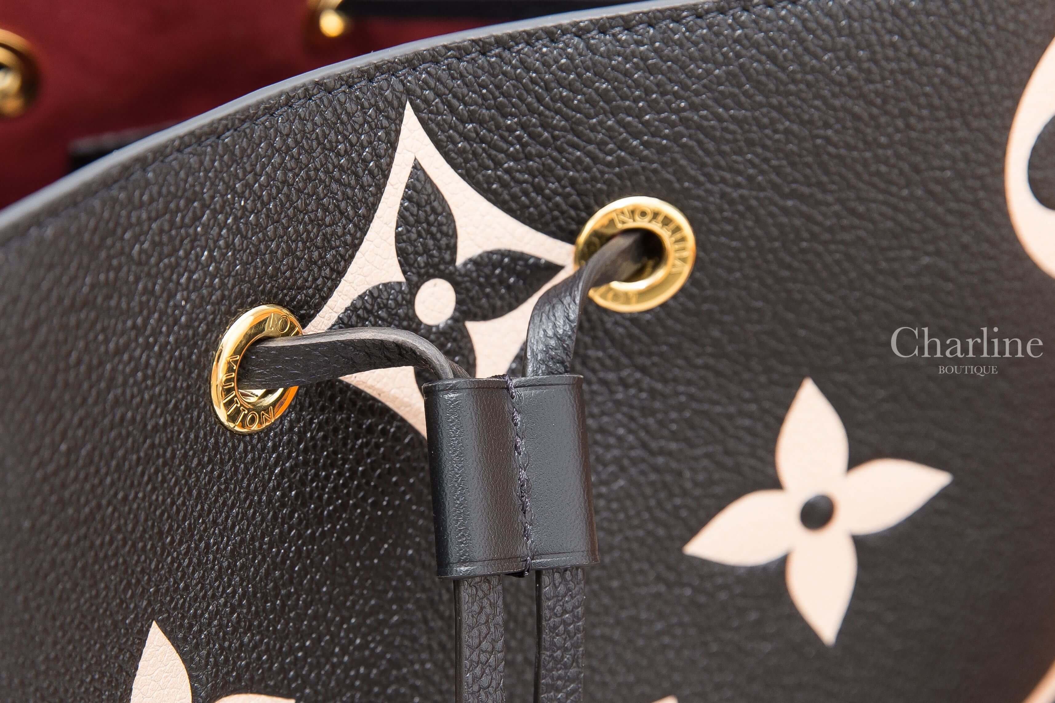 Louis Vuitton Neonoe MM 黑色與酒紅色奶茶老花大Logo荔枝紋中型手提水桶肩背包