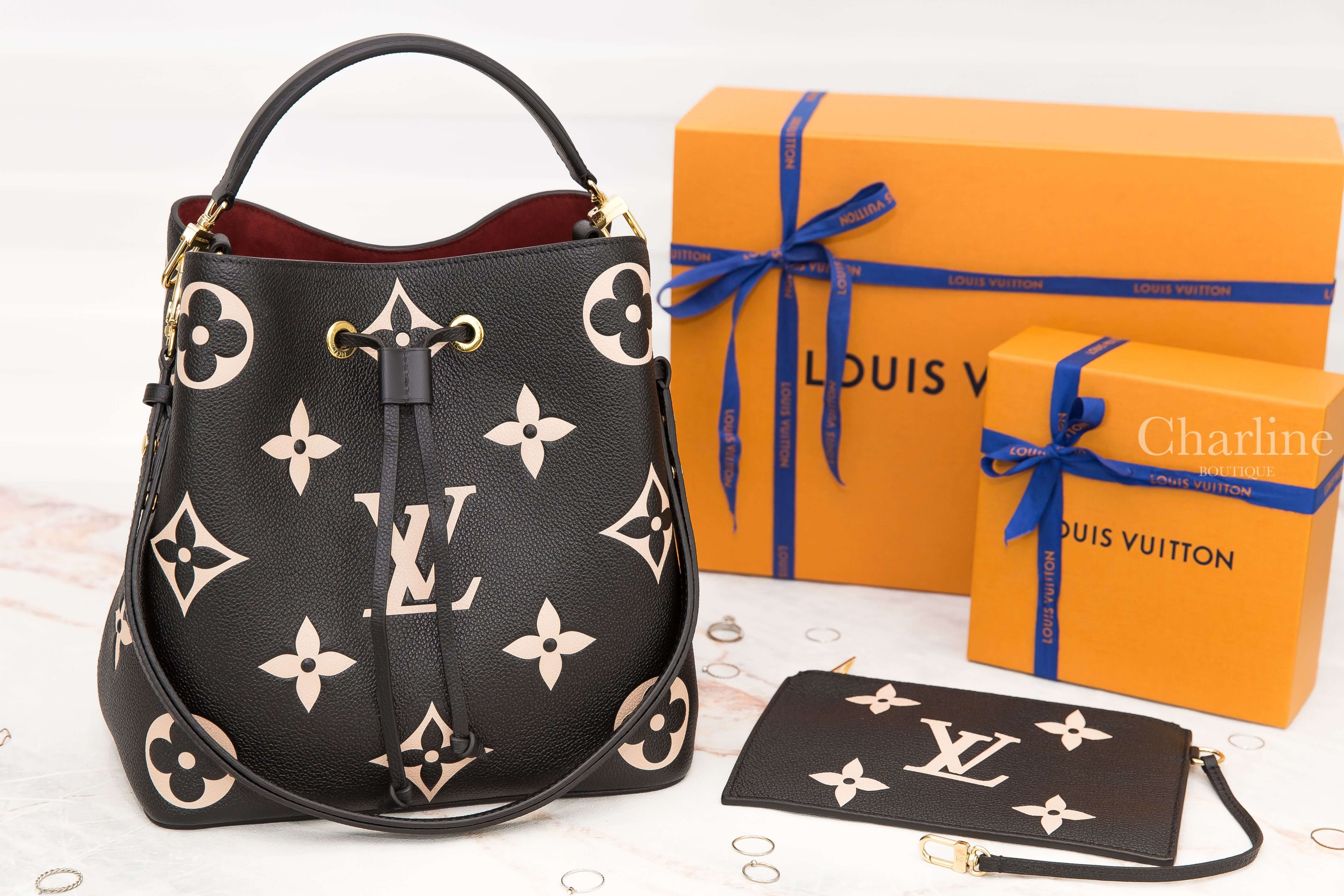 Louis Vuitton Neonoe MM 黑色與酒紅色奶茶老花大Logo荔枝紋中型手提水桶肩背包