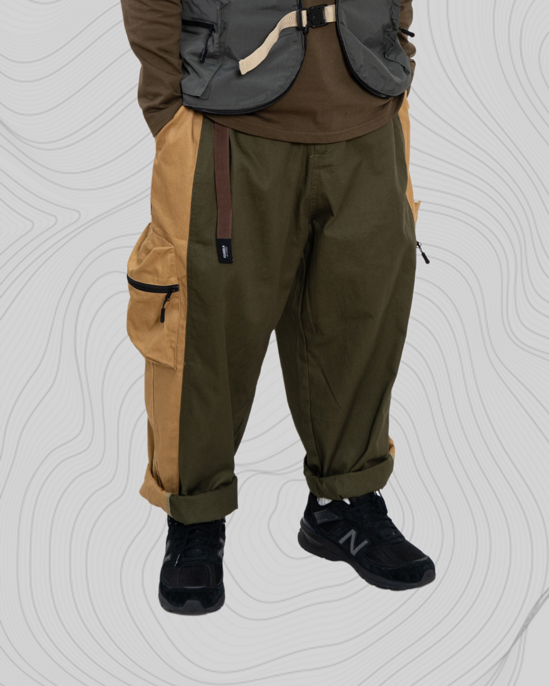 【WORKER.BLE】 Colorblocking BALLOON CUT Wide PANTS｜Green & Khaki ｜HK Based Design Brand