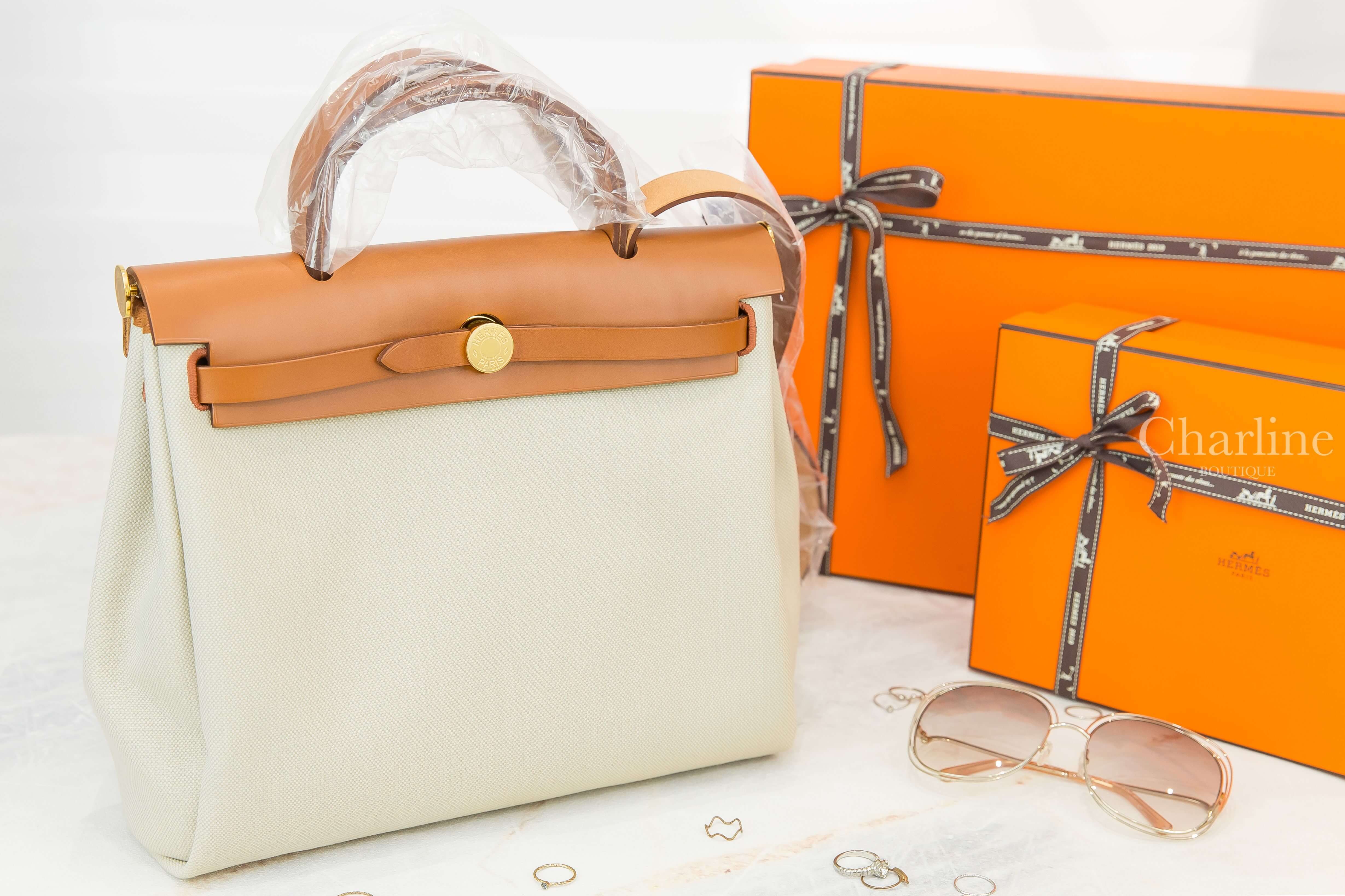 Hermès Herbag Zip 31cm Retourne 8L Beton Toile Militaire/Vache Hunter U刻冰川灰拼自然砂色金釦手提肩背包-Charline Boutique 精品代購