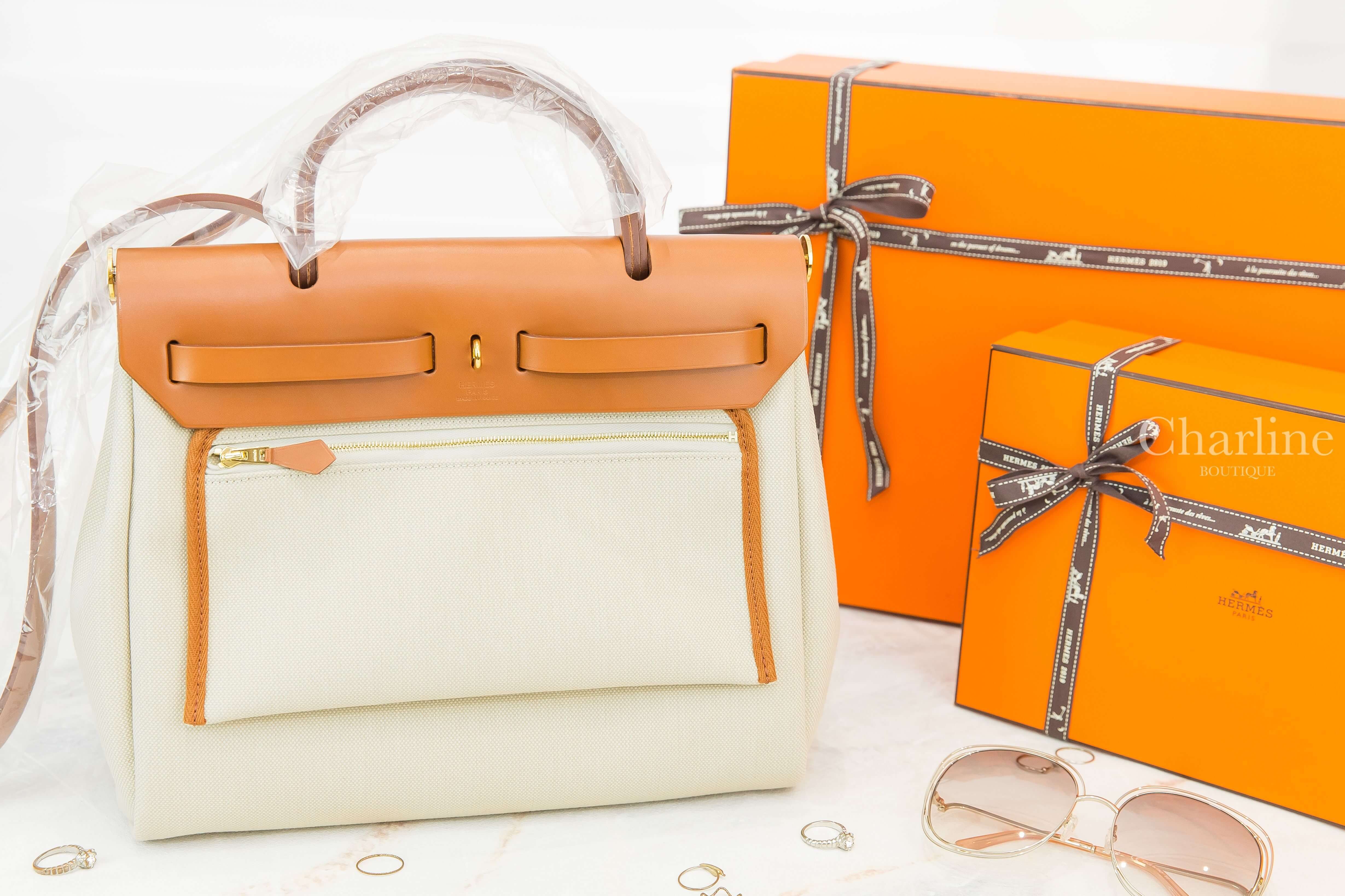Hermès Herbag Zip 31cm Retourne 8L Beton Toile Militaire/Vache Hunter U刻冰川灰拼自然砂色金釦手提肩背包-Charline Boutique 精品代購