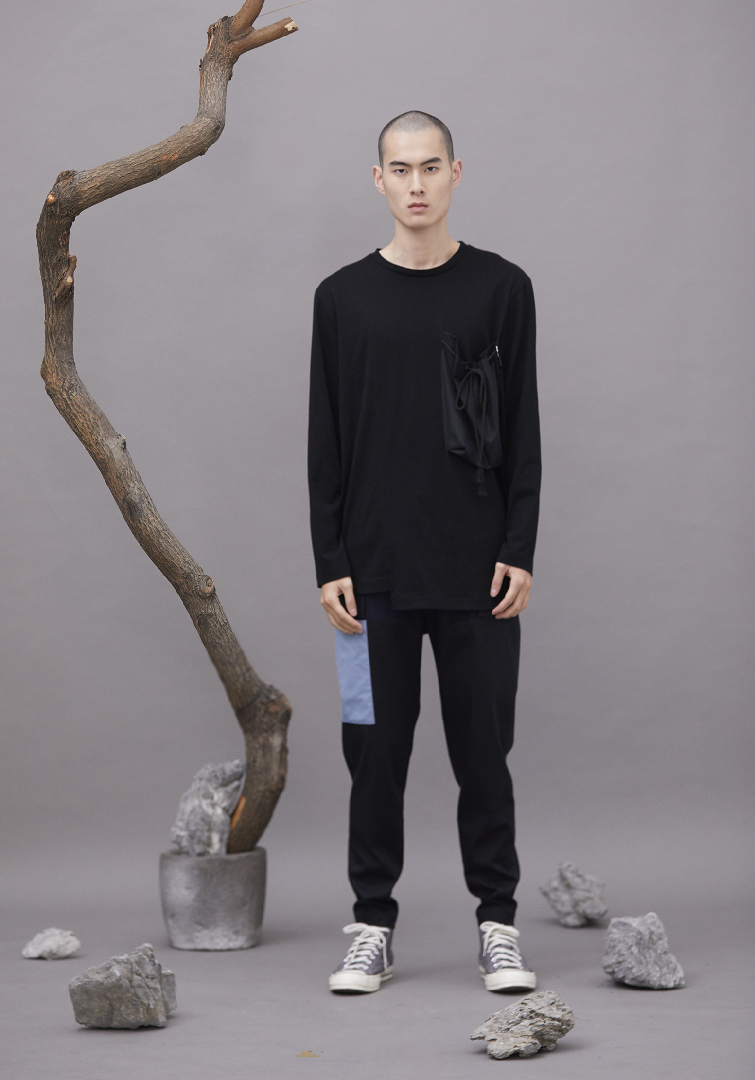 【Last 】上下異色拼接長褲 - 黑