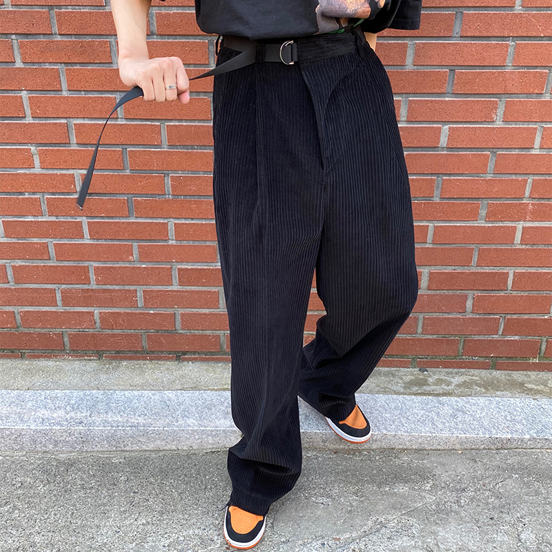 側腰帶燈芯絨直筒長褲 / 黑M / 不提供退換貨