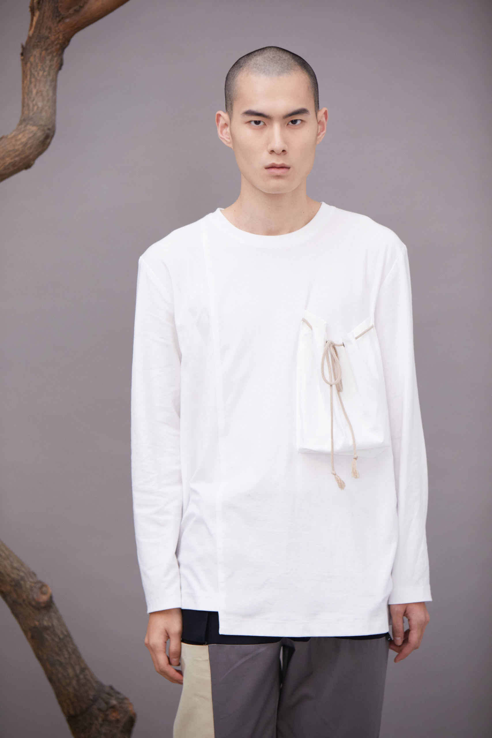 抽繩口袋針織衫 - 白