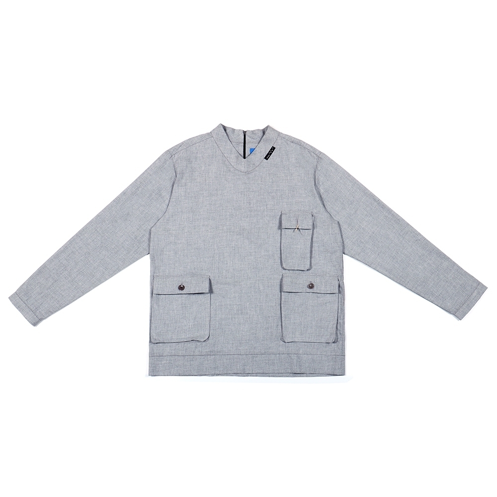 V型立領口袋上衣 - 灰