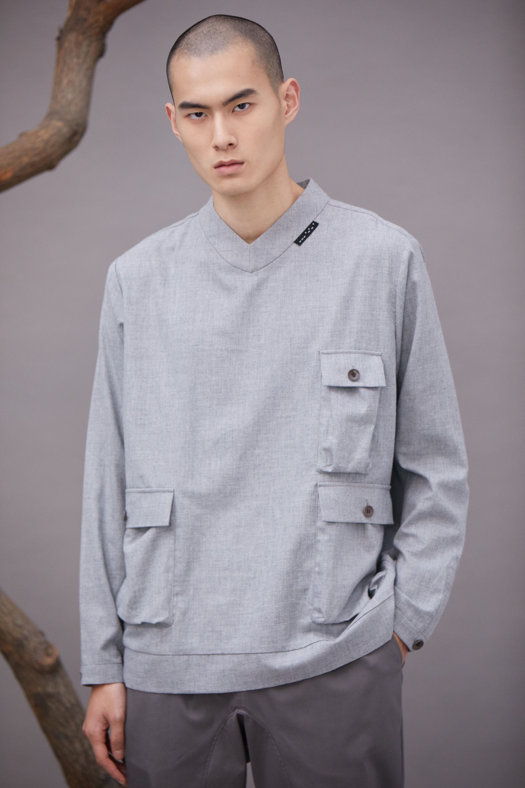 V型立領口袋上衣 - 灰