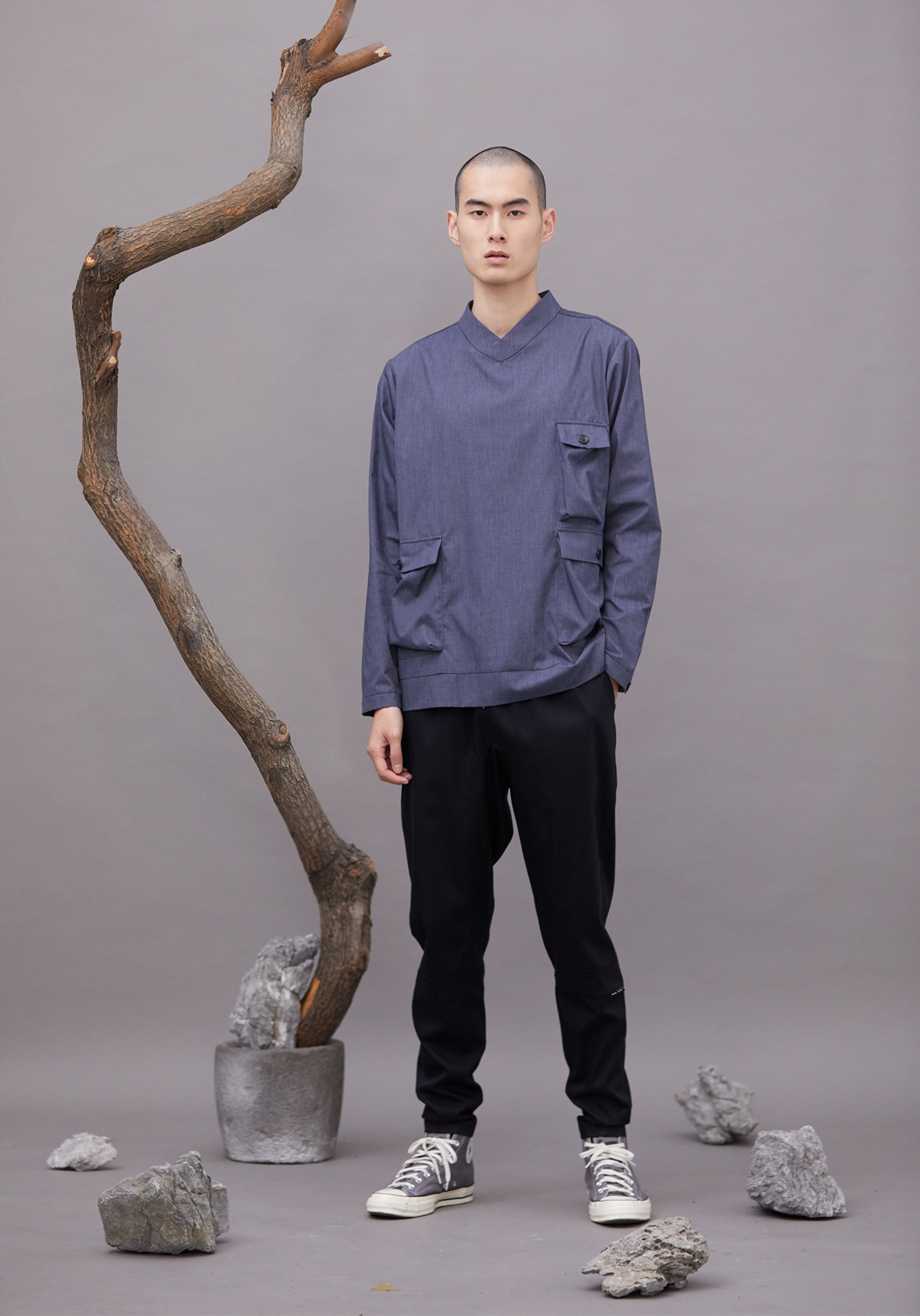 V型立領口袋上衣 - 藍灰