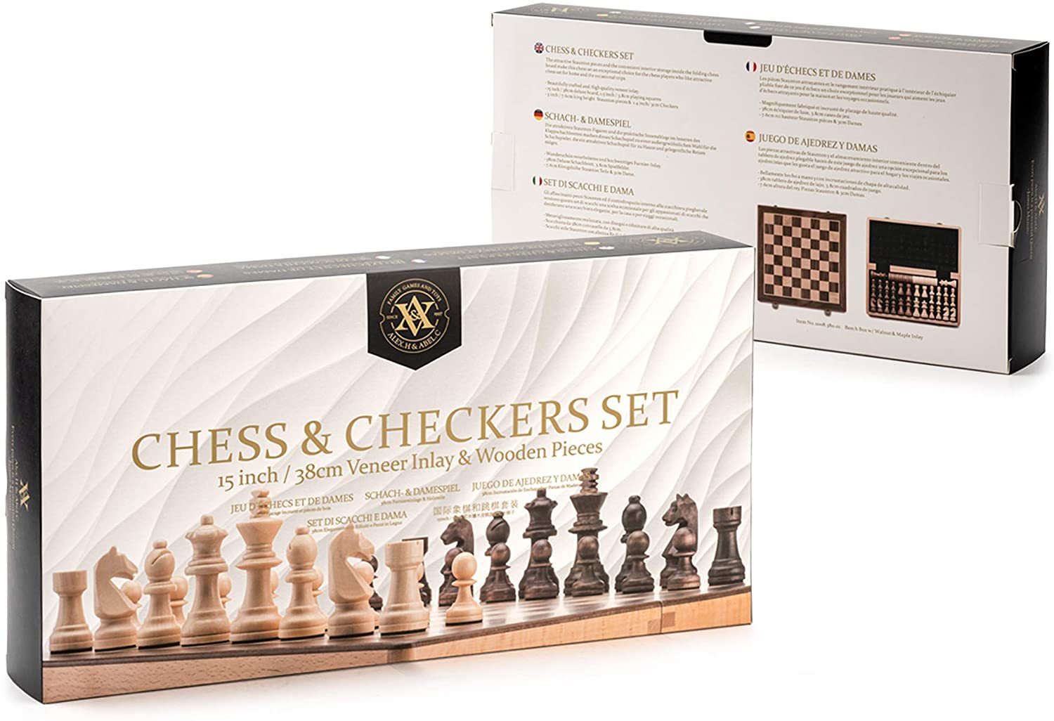 A&A 15-inch Folding Wooden Chess & Checkers Set w/ 3" King Height Chess Pieces / 