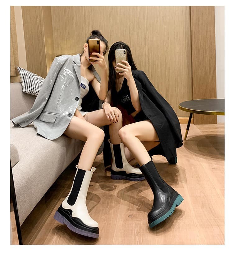 橡膠厚底 真皮短靴 (黑/ 綠/ 紅/ 白) ( 35-40)