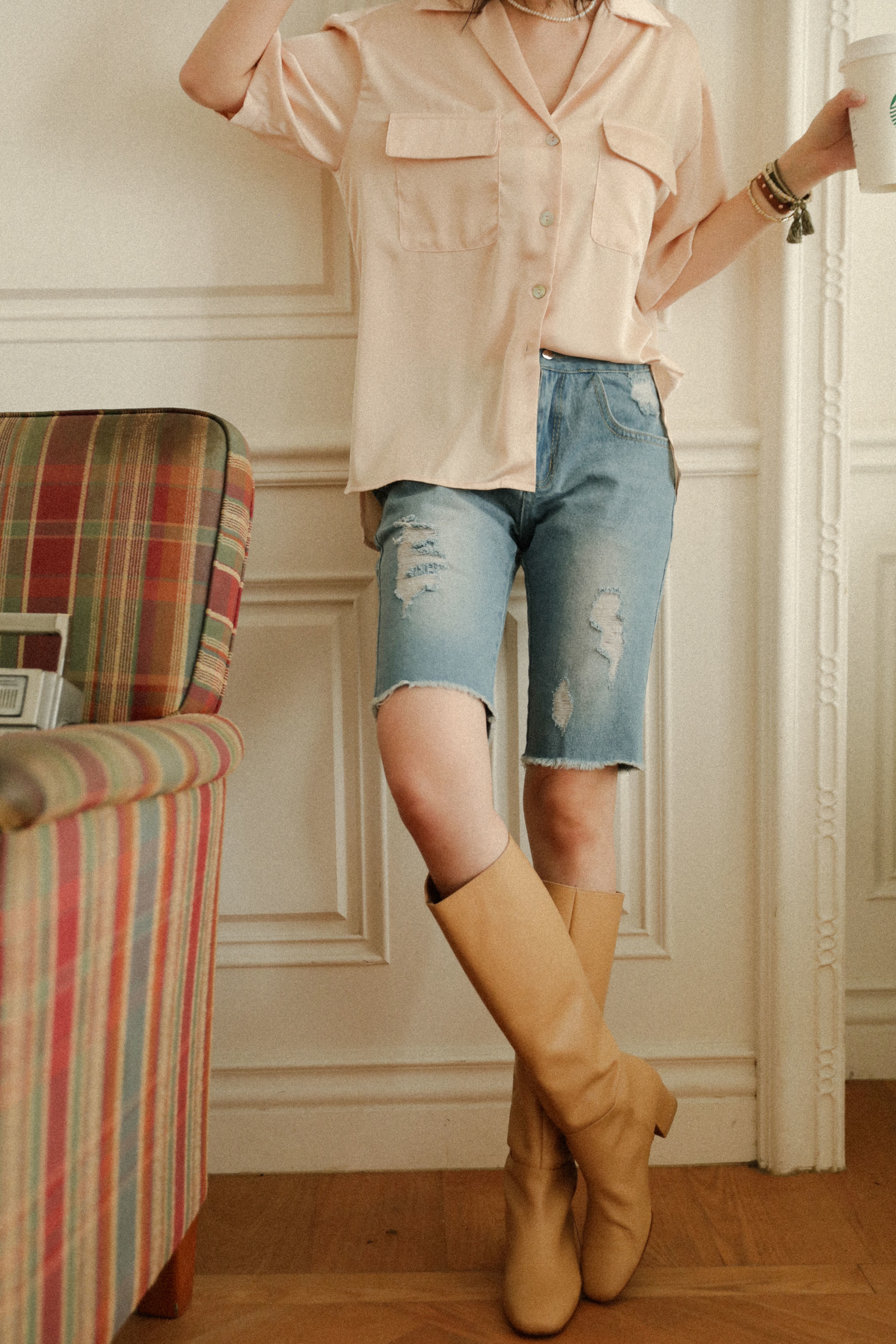 刷破高腰牛仔五分褲(M現貨)