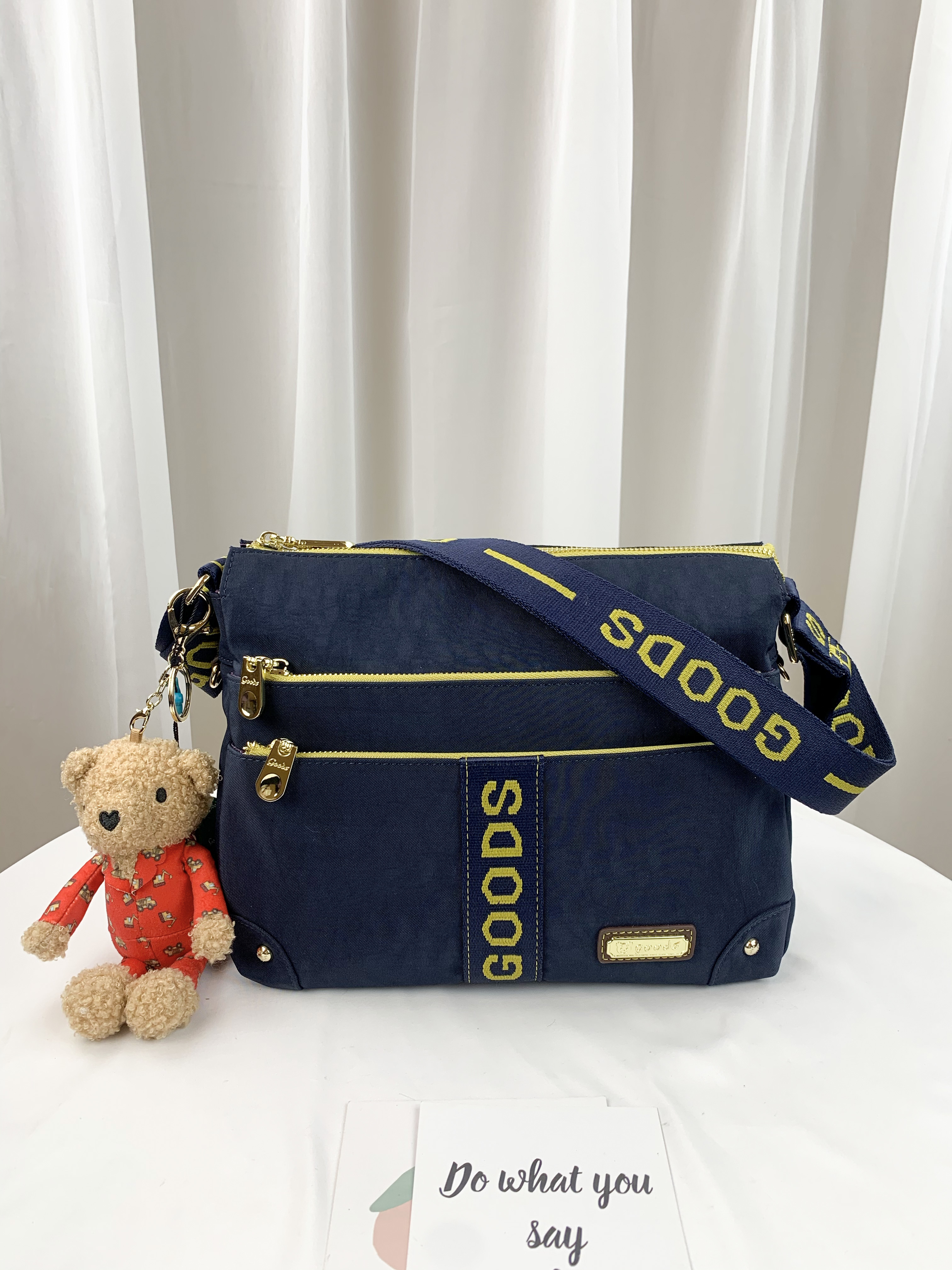 GOODS 織帶黃藍 丹寧防潑水側背包 附小熊吊飾 #2045