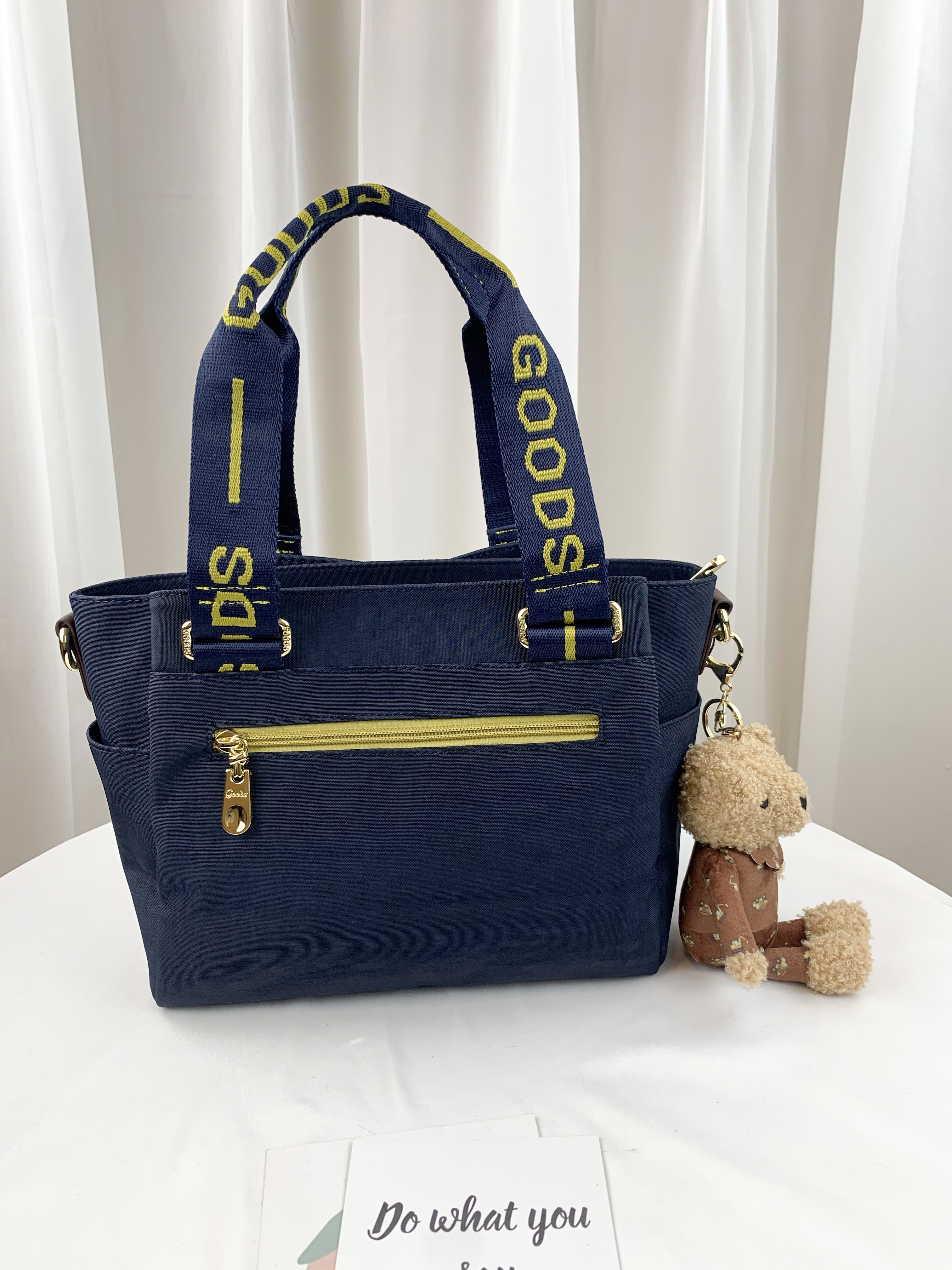GOODS 織帶黃藍 丹寧防潑水手提包 / 側背包 附小熊吊飾 #2733