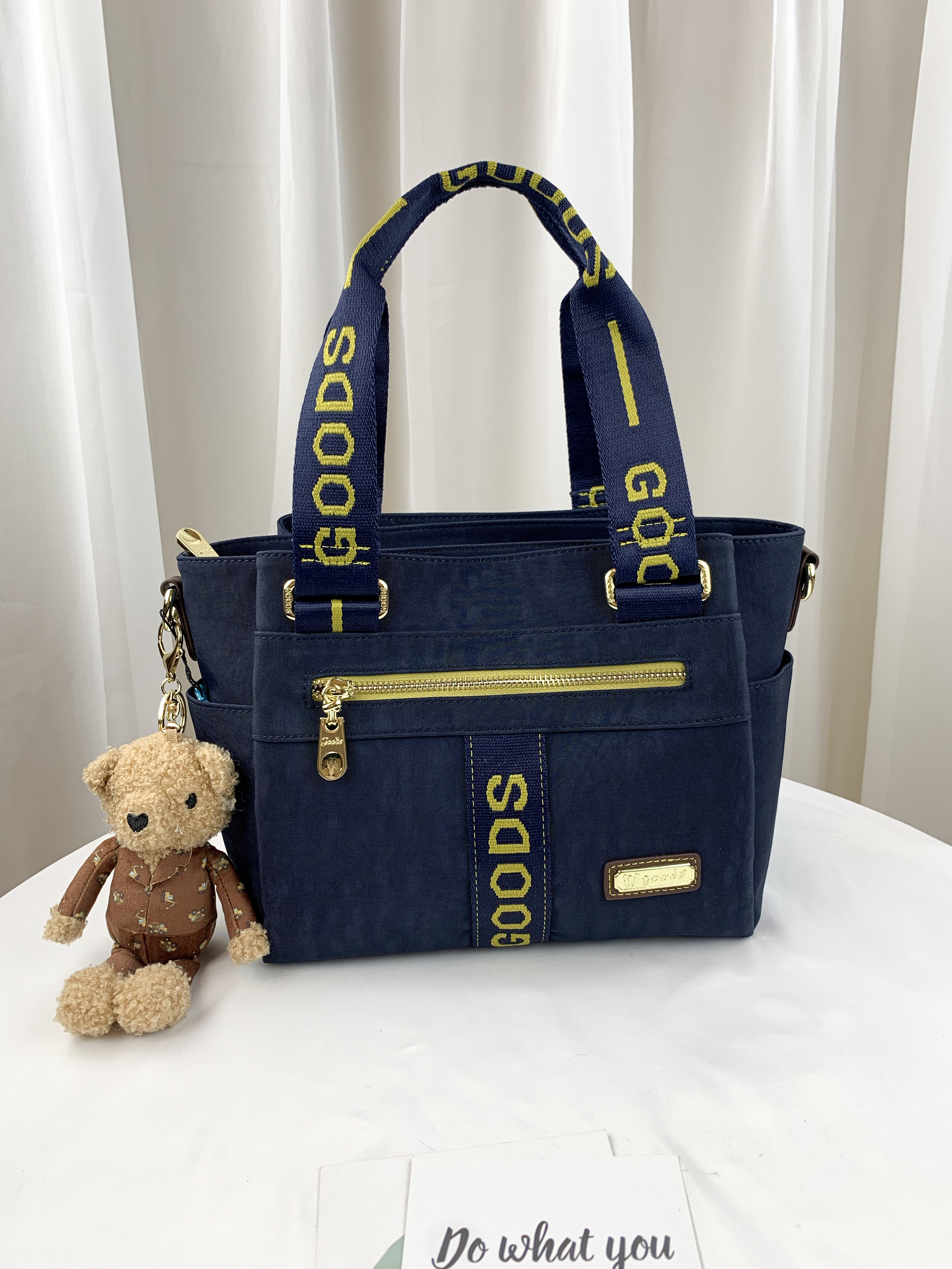 GOODS 織帶黃藍 丹寧防潑水手提包 / 側背包 附小熊吊飾 #2733