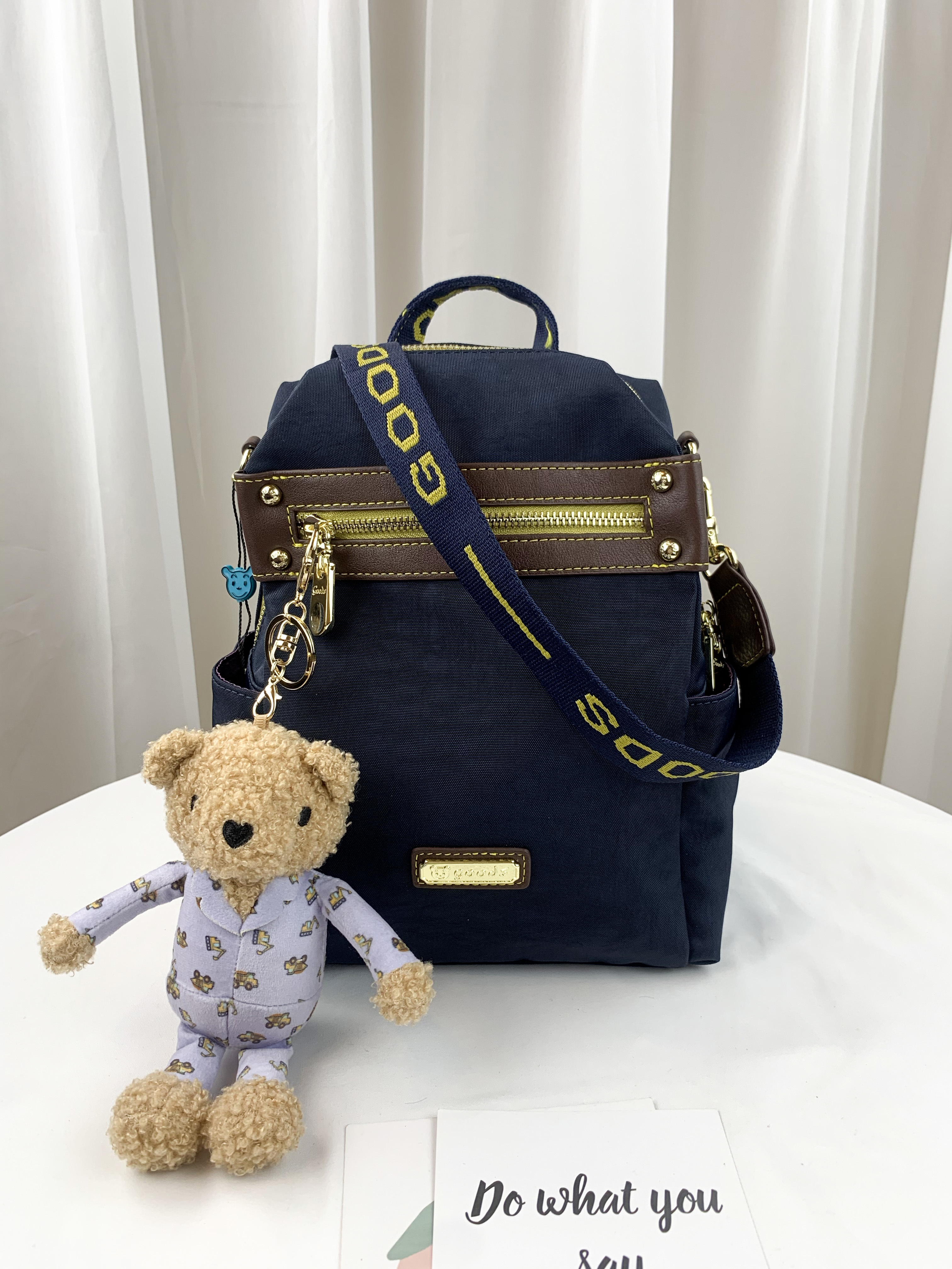 GOODS 織帶黃藍 丹寧防潑水後背包 / 側背包 附小熊吊飾 #2653