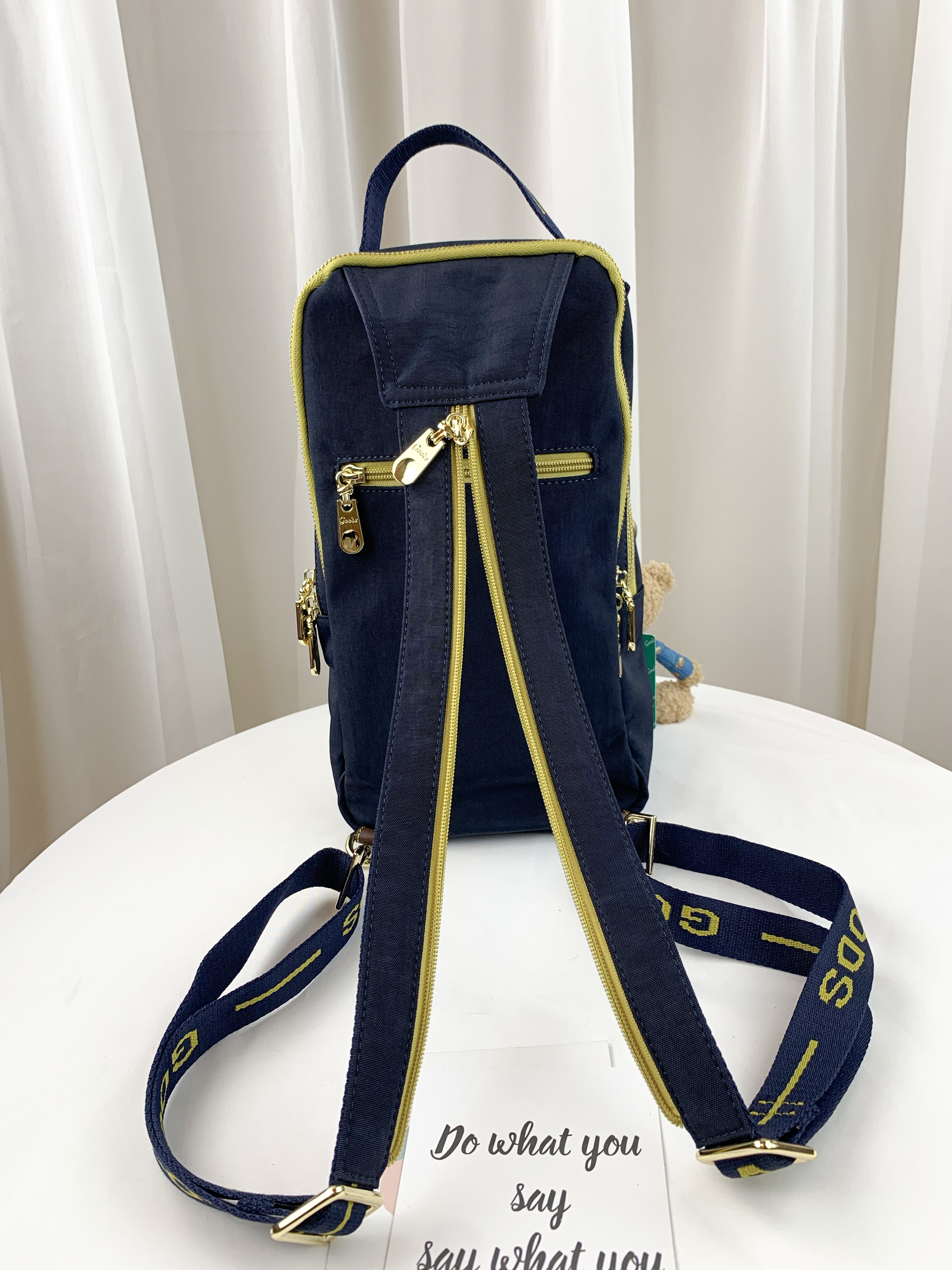GOODS 織帶黃藍 丹寧防潑水兩用後背包 / 斜背胸包 附小熊吊飾 #2731