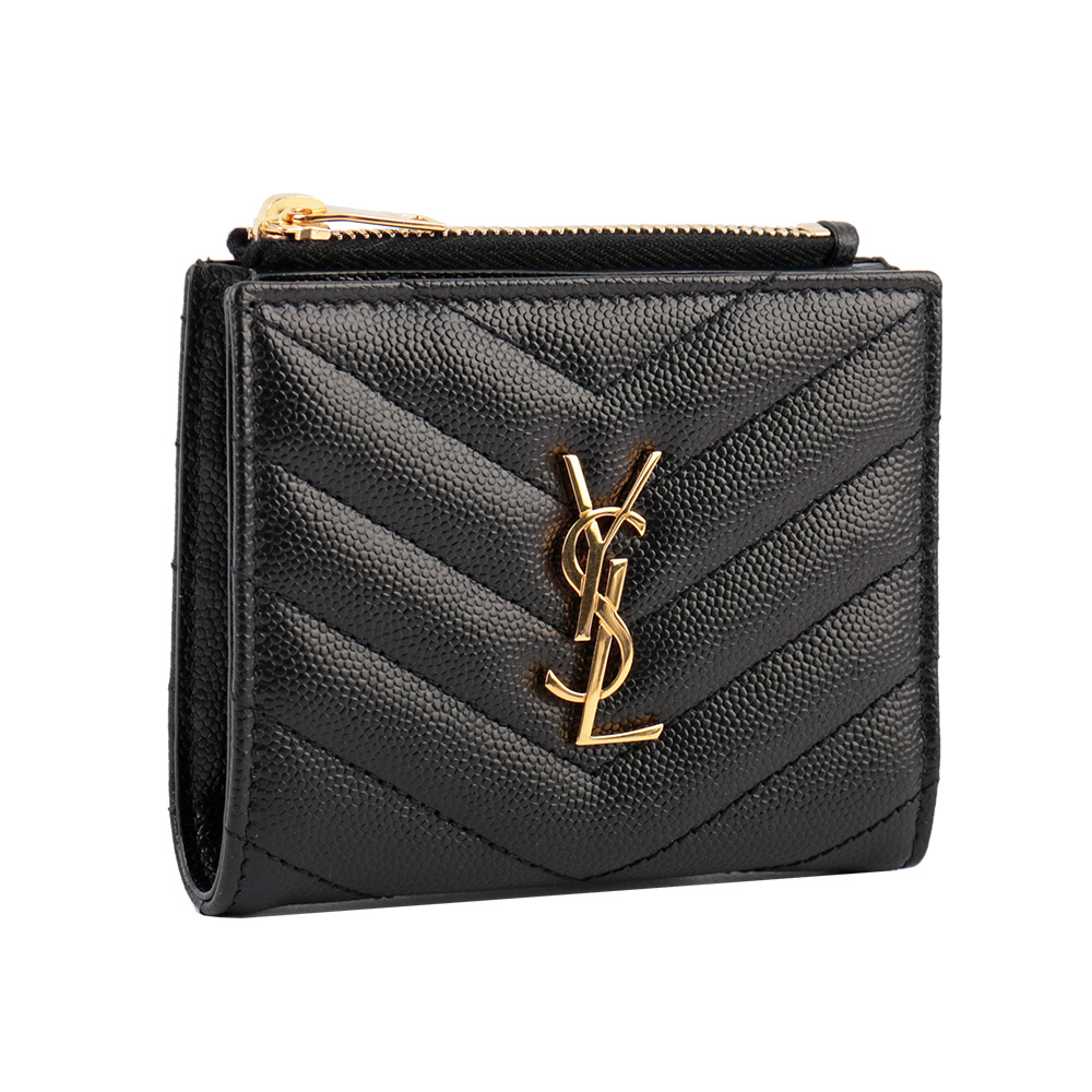 【YSL/ Saint Laurent Paris】山形紋荔枝皮金字logo暗釦短夾