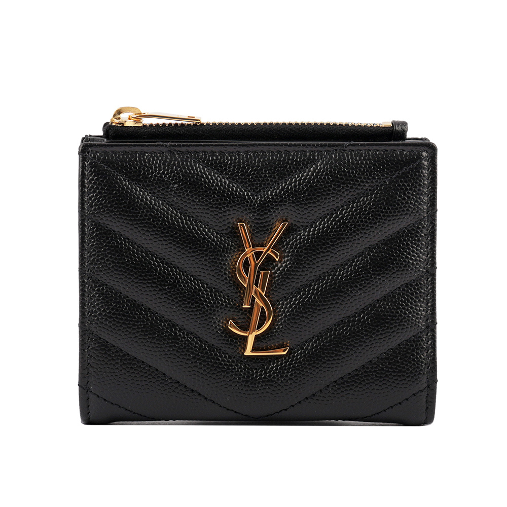 【YSL/ Saint Laurent Paris】山形紋荔枝皮金字logo暗釦短夾