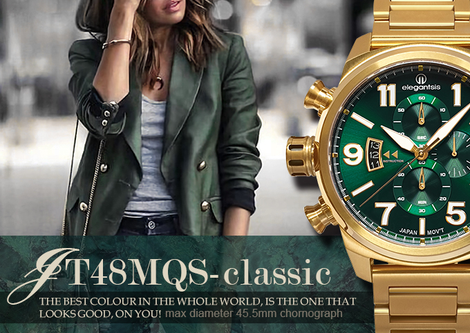 萬年鐘錶 - elegantsis 愛樂時  JT48MQS-經典 全金綠面  ELJT48MQS-OG04MA 錶徑45.5MM
