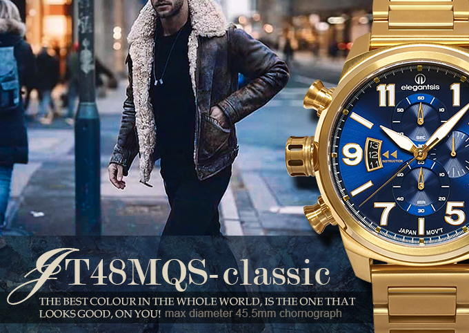 萬年鐘錶 - elegantsis 愛樂時  JT48MQS-經典 全金藍面  ELJT48MQS-OB04MA 錶徑45.5MM