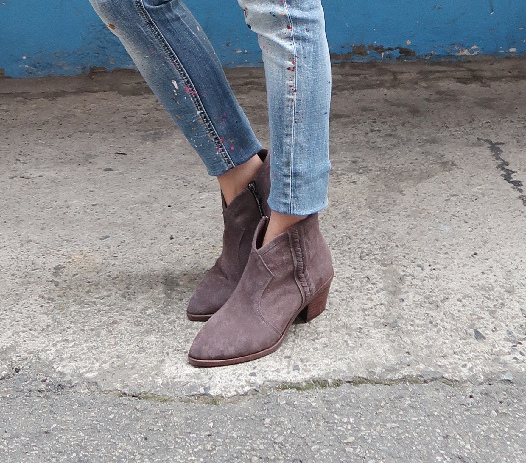 【魔法手杖】絲光羊絨真皮羊皮側編織V口真皮踝靴粗跟靴