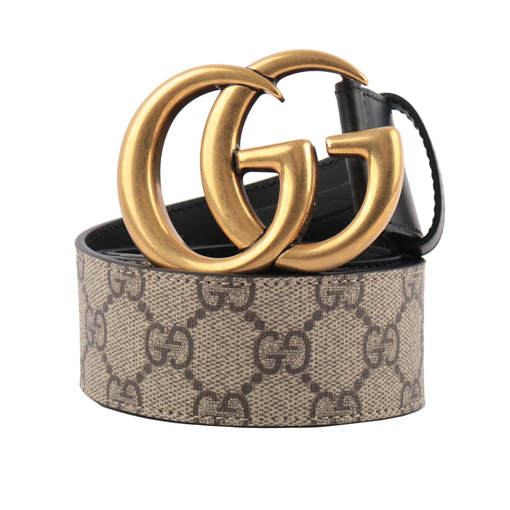 【GUCCI】霧金雙G Logo 防水皮革拼牛皮皮帶