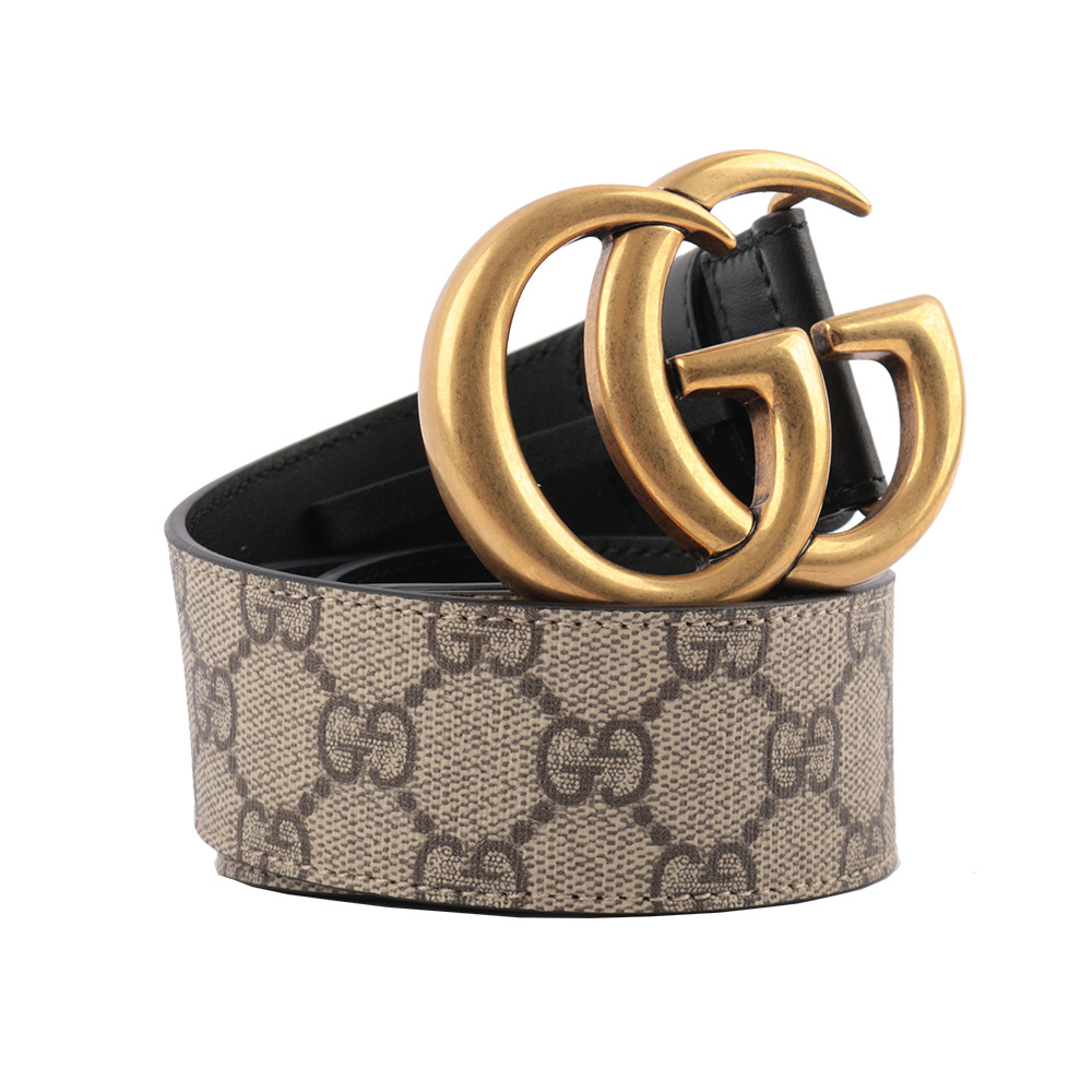 【GUCCI】霧金雙G Logo 防水皮革拼牛皮皮帶