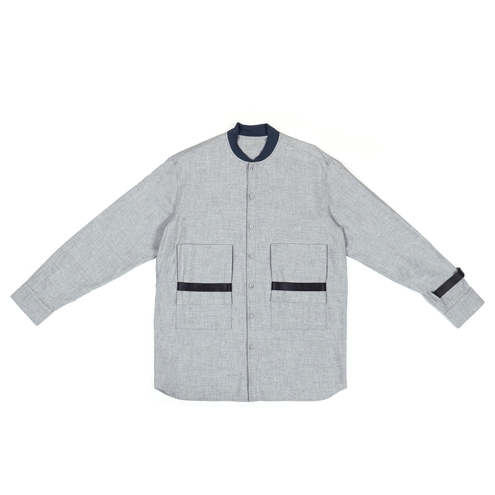 棒球領立體口袋襯衫 - 淺灰