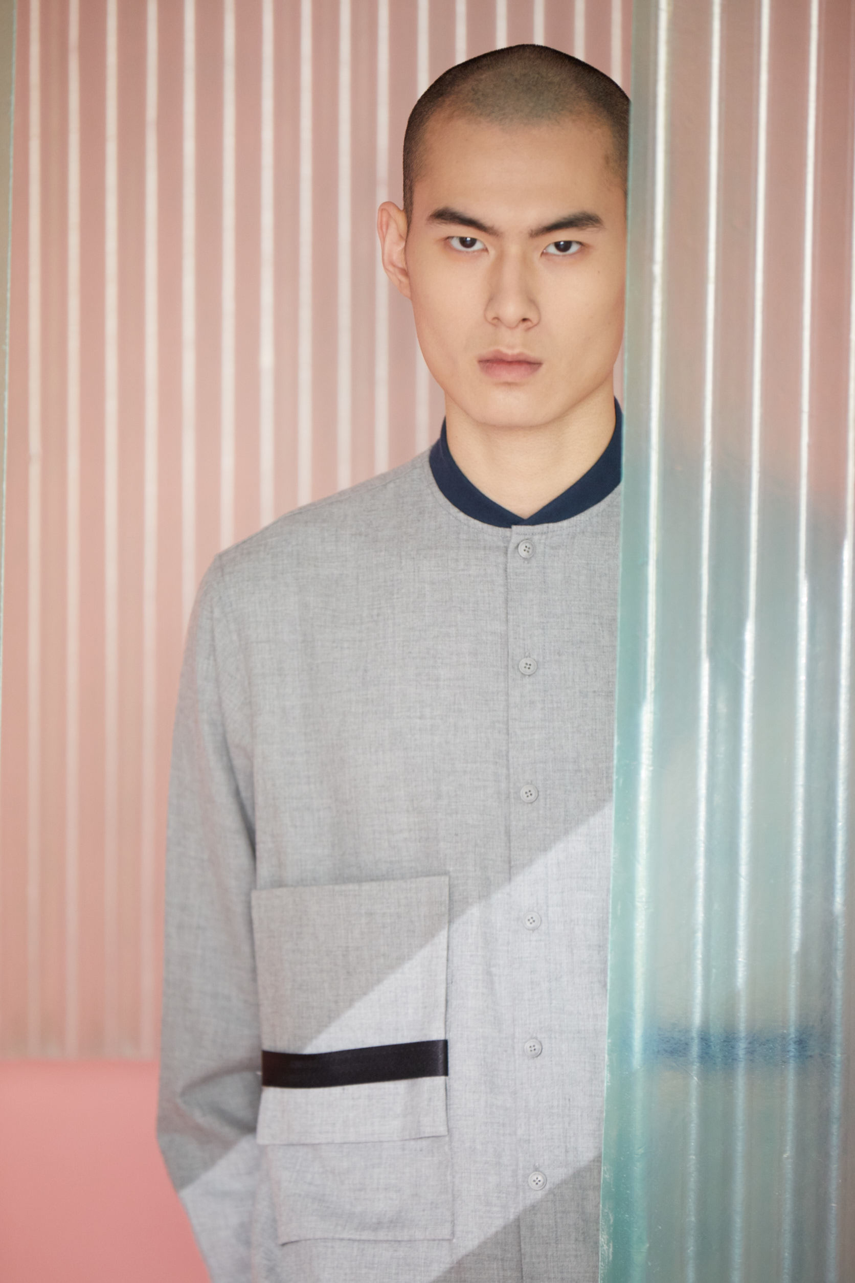 棒球領立體口袋襯衫 - 淺灰