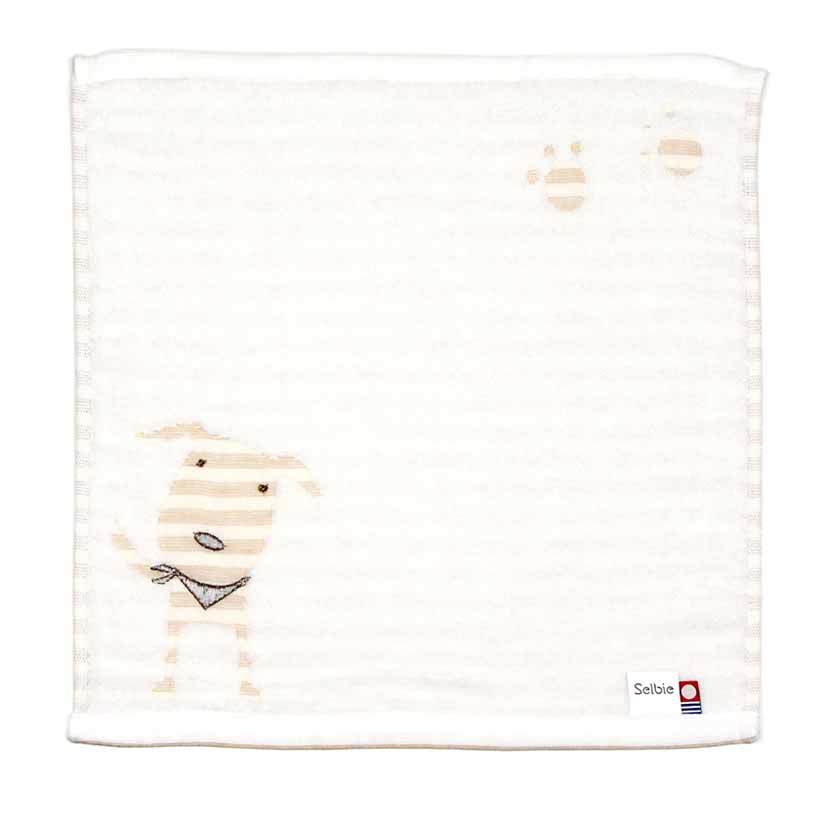 日本今治xSelbie Pon白犬 絨毛拼紗巾雙面方巾 (米色) 34x35 (日本製)