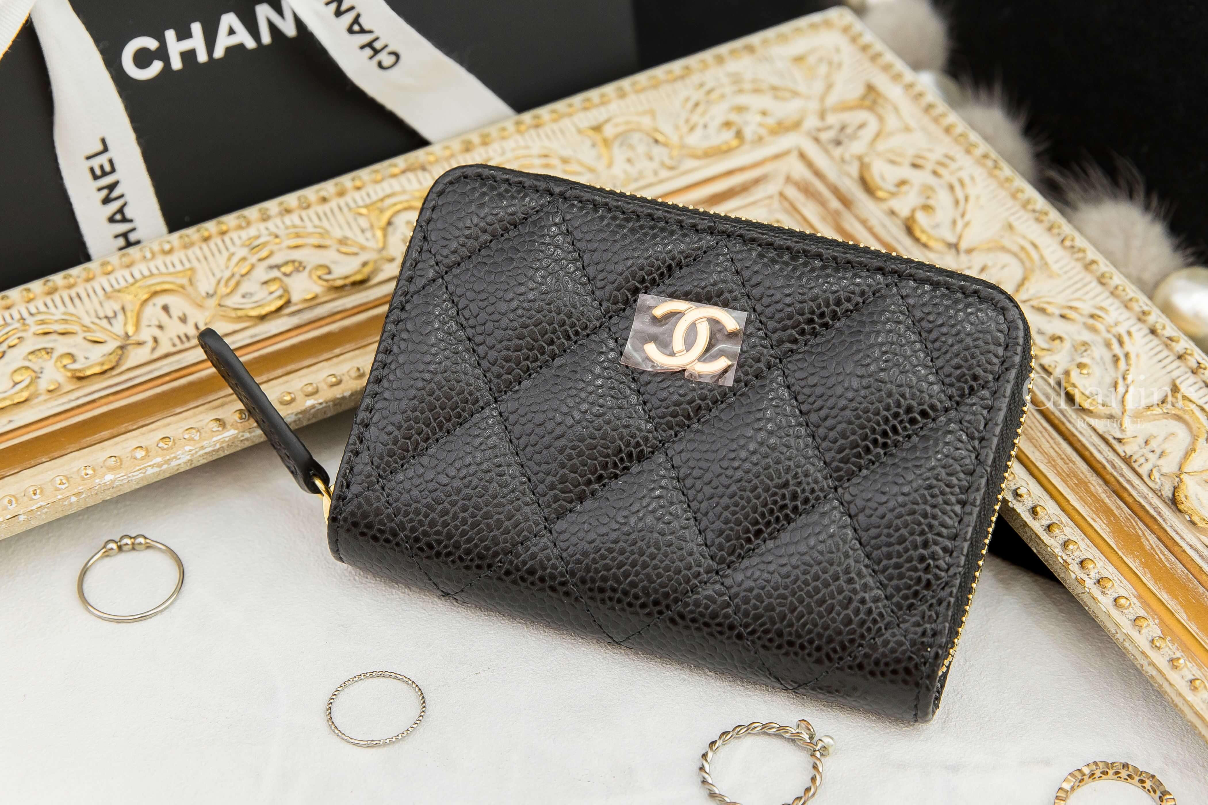 Chanel Coin Card Zip CC Purse 黑色金CC荔枝紋卡片拉鍊零錢夾-Charline Boutique 精品代購