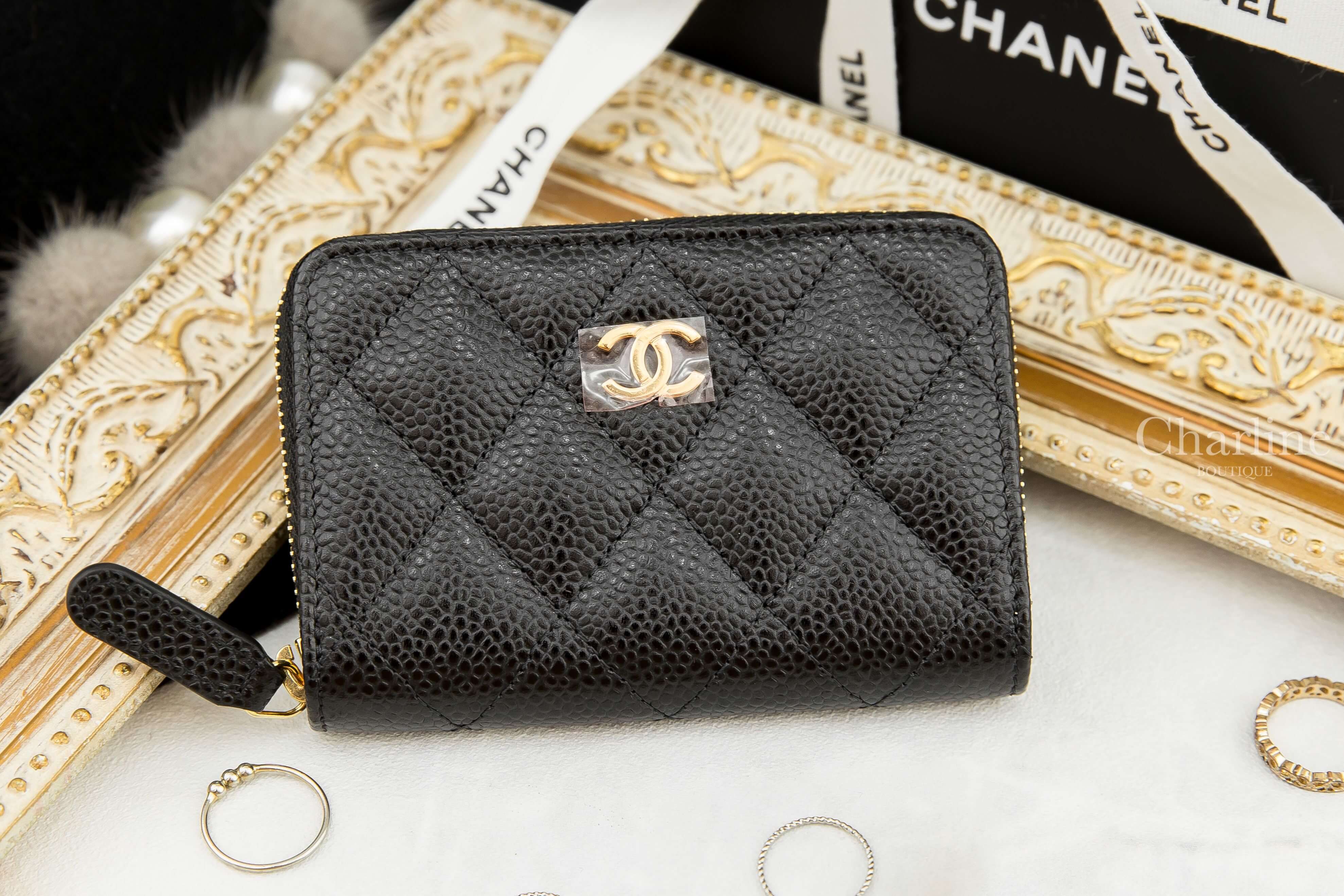 Chanel Coin Card Zip CC Purse 黑色金CC荔枝紋卡片拉鍊零錢夾-Charline Boutique 精品代購