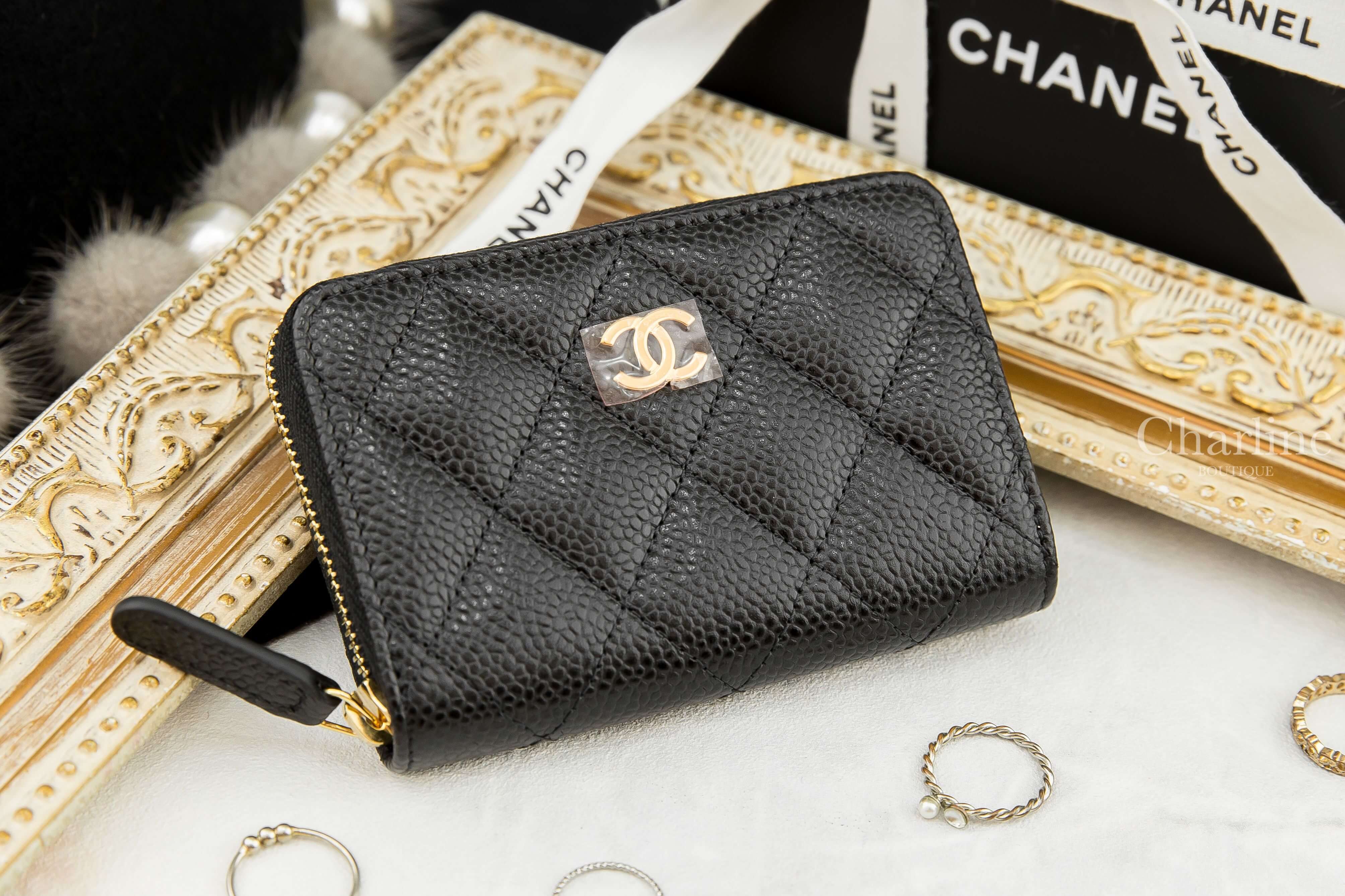 Chanel Coin Card Zip CC Purse 黑色金CC荔枝紋卡片拉鍊零錢夾-Charline Boutique 精品代購