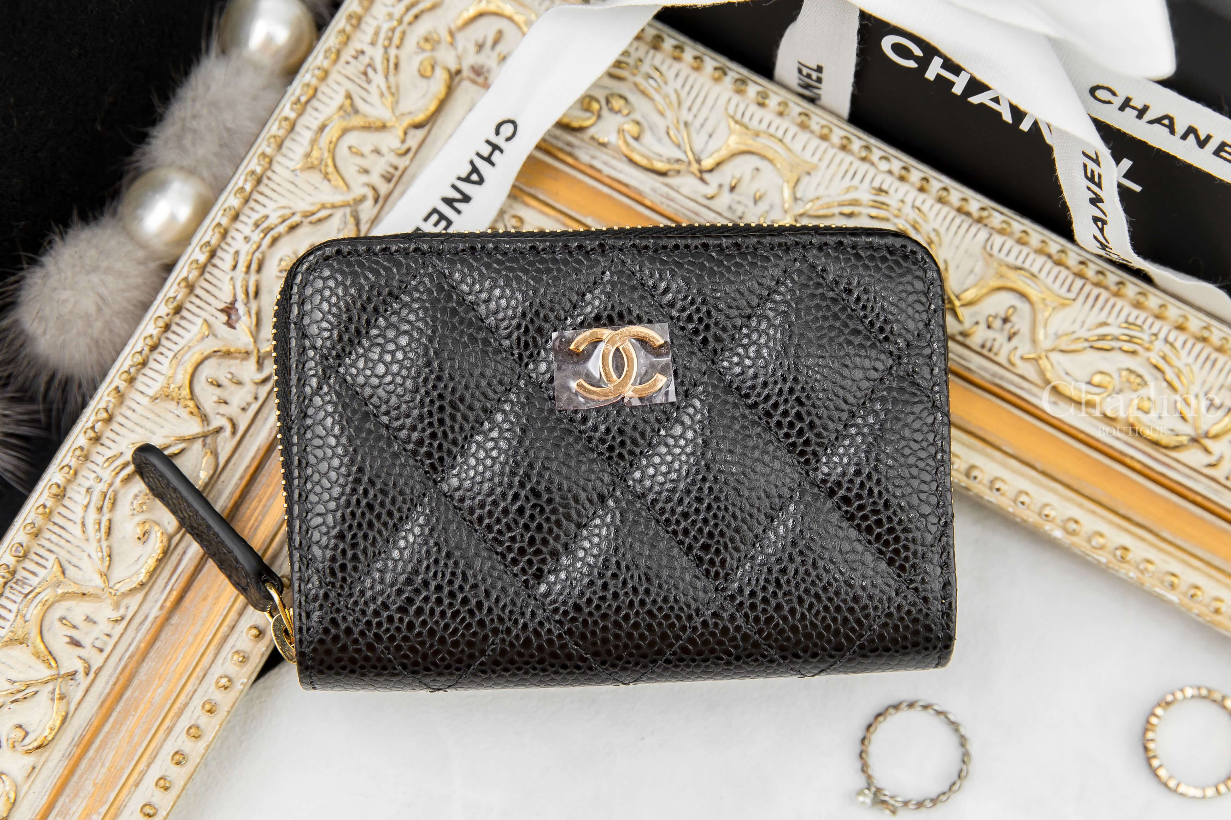 Chanel Coin Card Zip CC Purse 黑色金CC荔枝紋卡片拉鍊零錢夾-Charline Boutique 精品代購