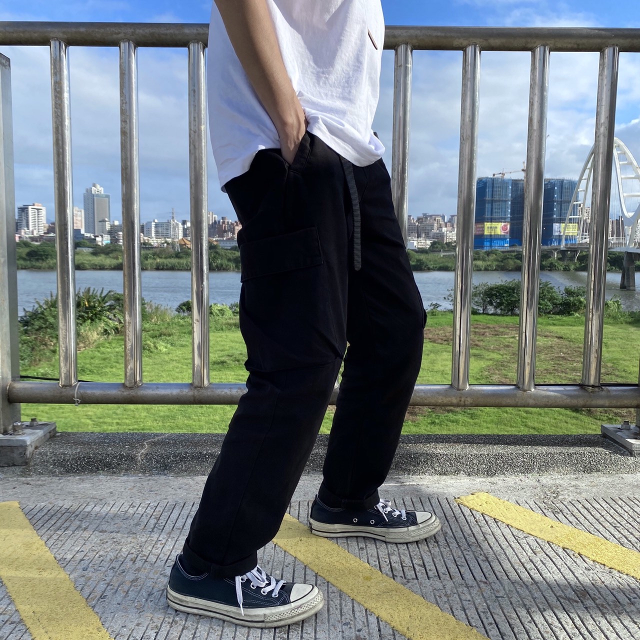 XCTRL 立體大口袋拼接工作褲-黑