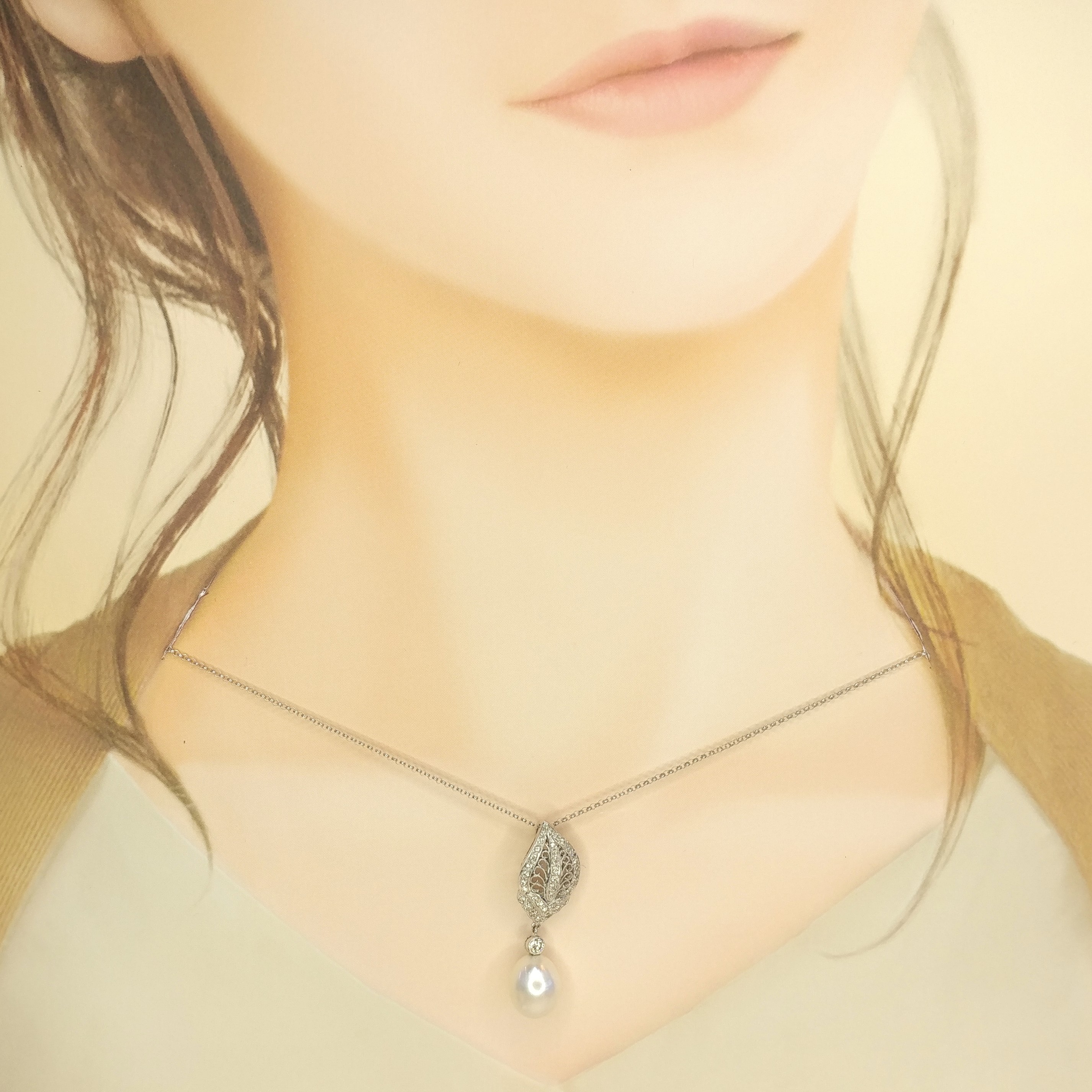 全新18K白金30份鑽石配珍珠吊墜