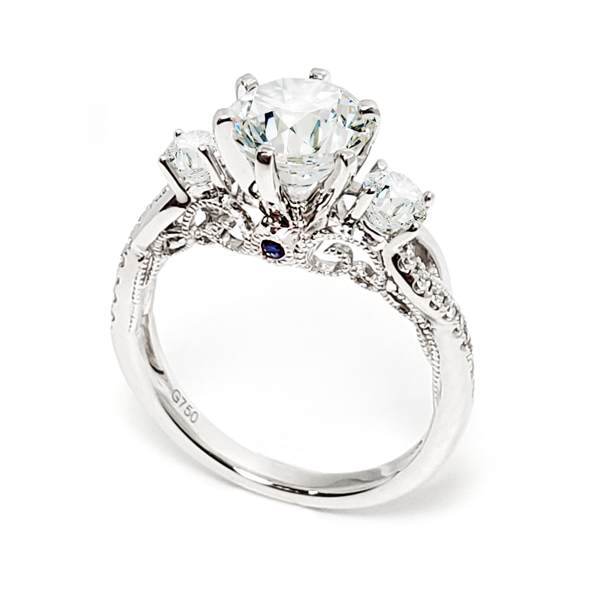 18K白金扭紋鑽石藍寶石戒指托