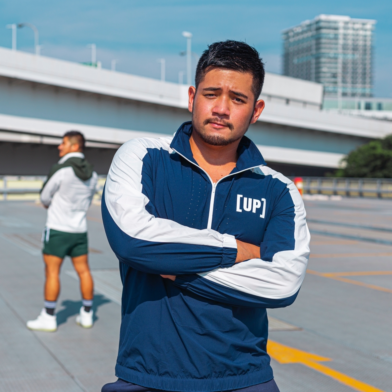 Warm UP 半拉鍊風褸酷灰色 海軍藍/白