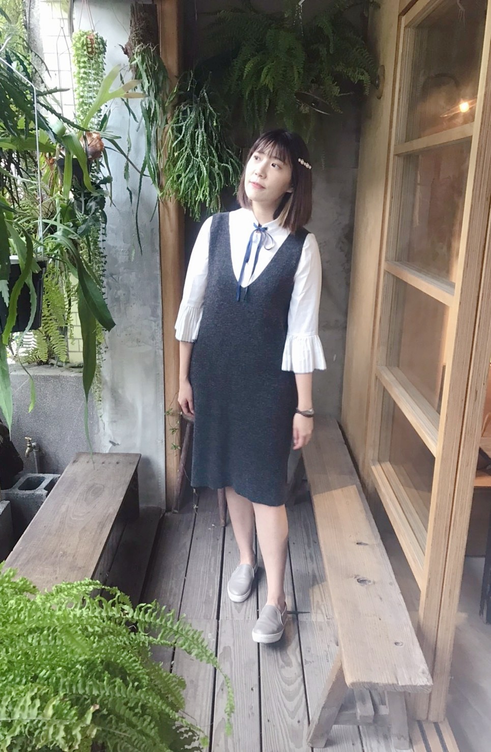 V領細羅紋針織洋裝背心-深麻灰