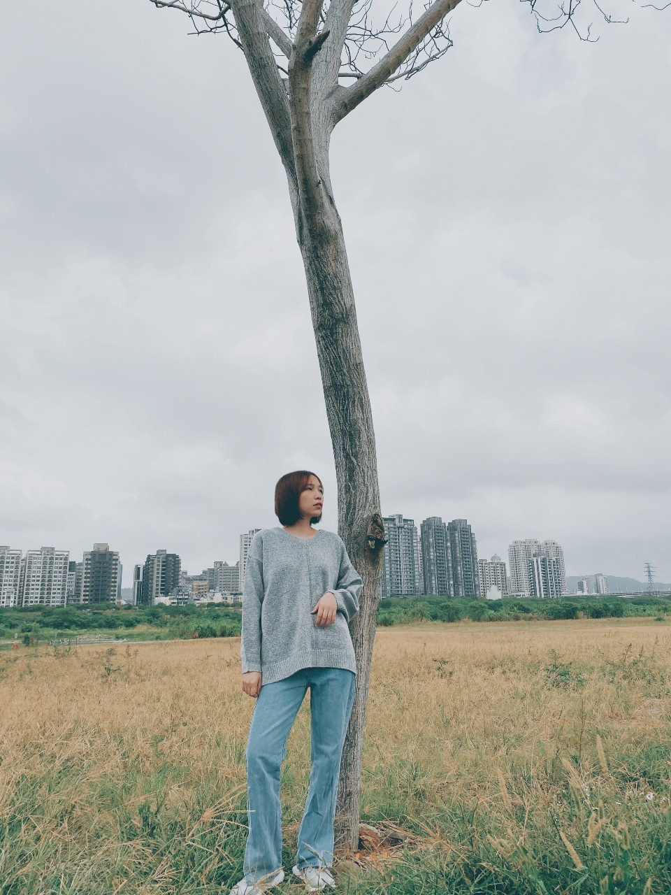 淺灰色輕刷毛V領寬版針織毛衣