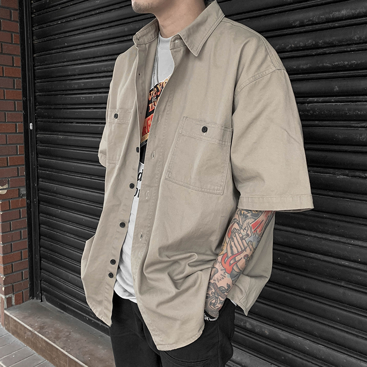 仿舊 短袖 寬鬆 工裝襯衫 情侶款 - S201338