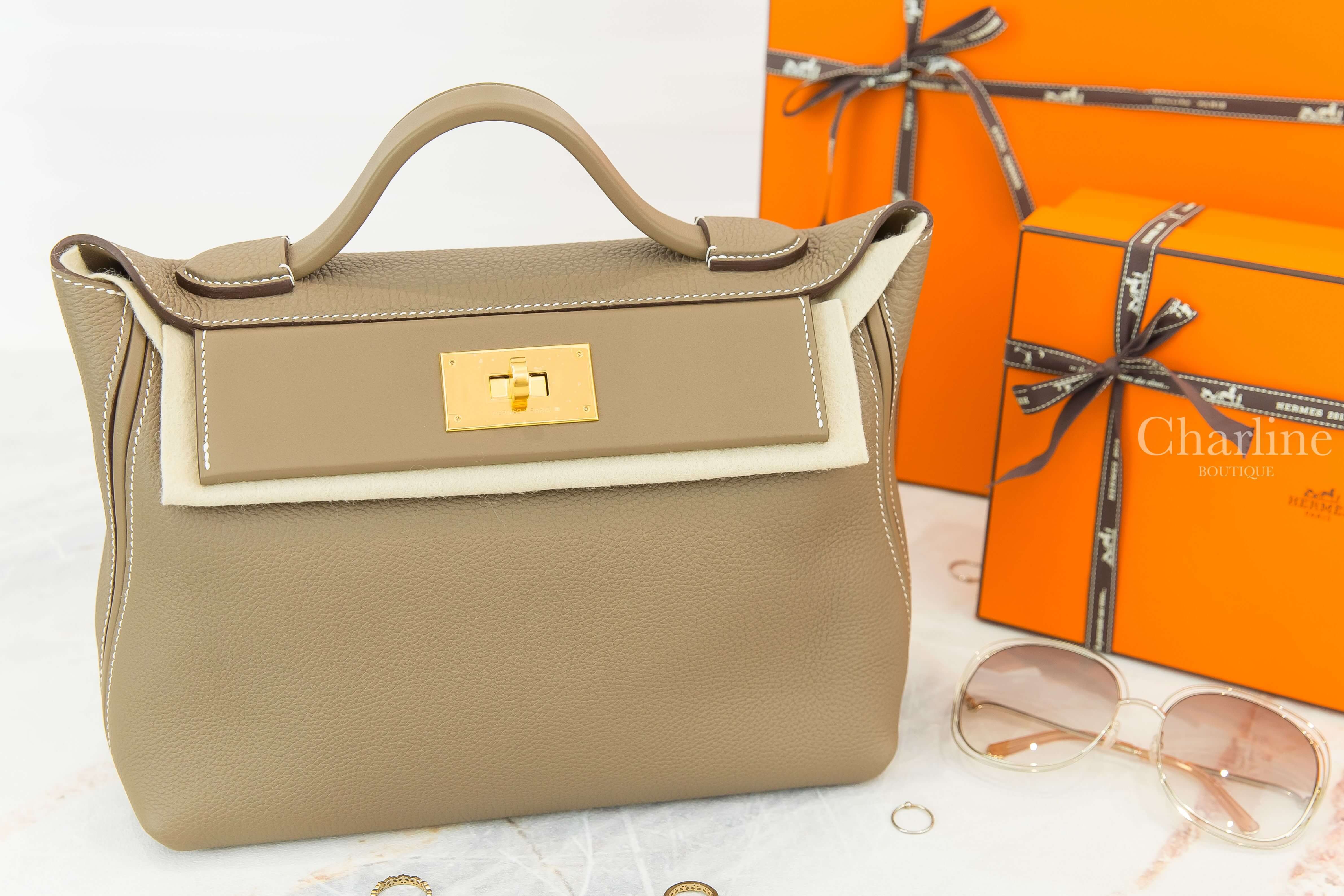 Hermès Kelly 24/24 29 18 Etoupe Veau Togo/Veau Swift 大象灰金釦手提肩背包-Charline Boutique 精品代購