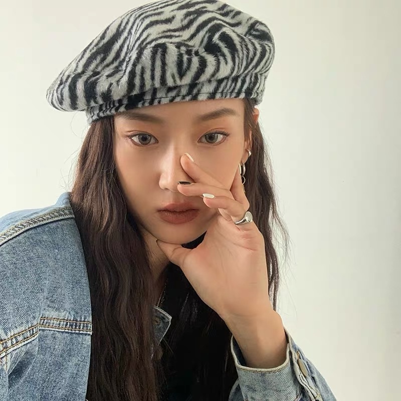 絨毛斑馬紋畫家帽/二色
