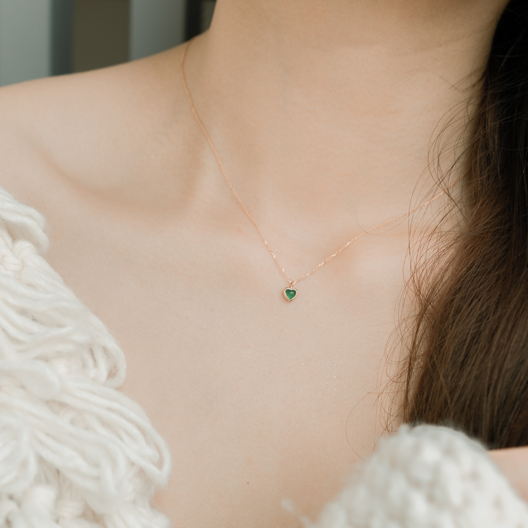 14K QQ HEART綠瑪瑙鎖骨鍊