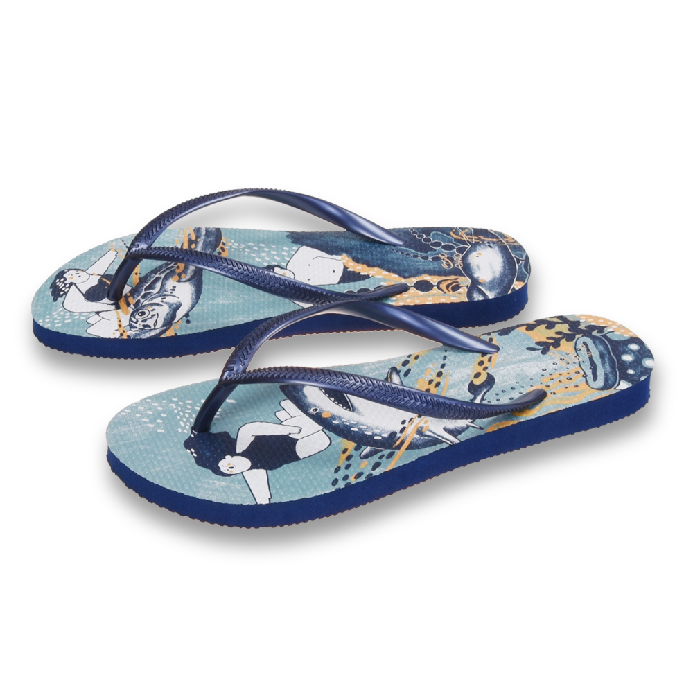 普普設計 悠遊海洋 女款細帶人字夾腳拖鞋 藍色