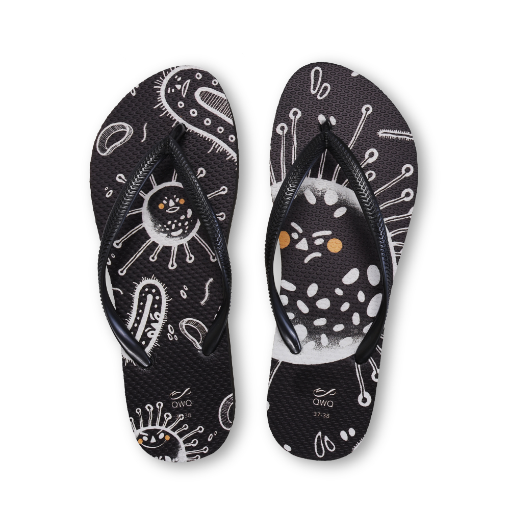 普普設計 踩爆細菌 女款細帶人字夾腳拖鞋 黑色