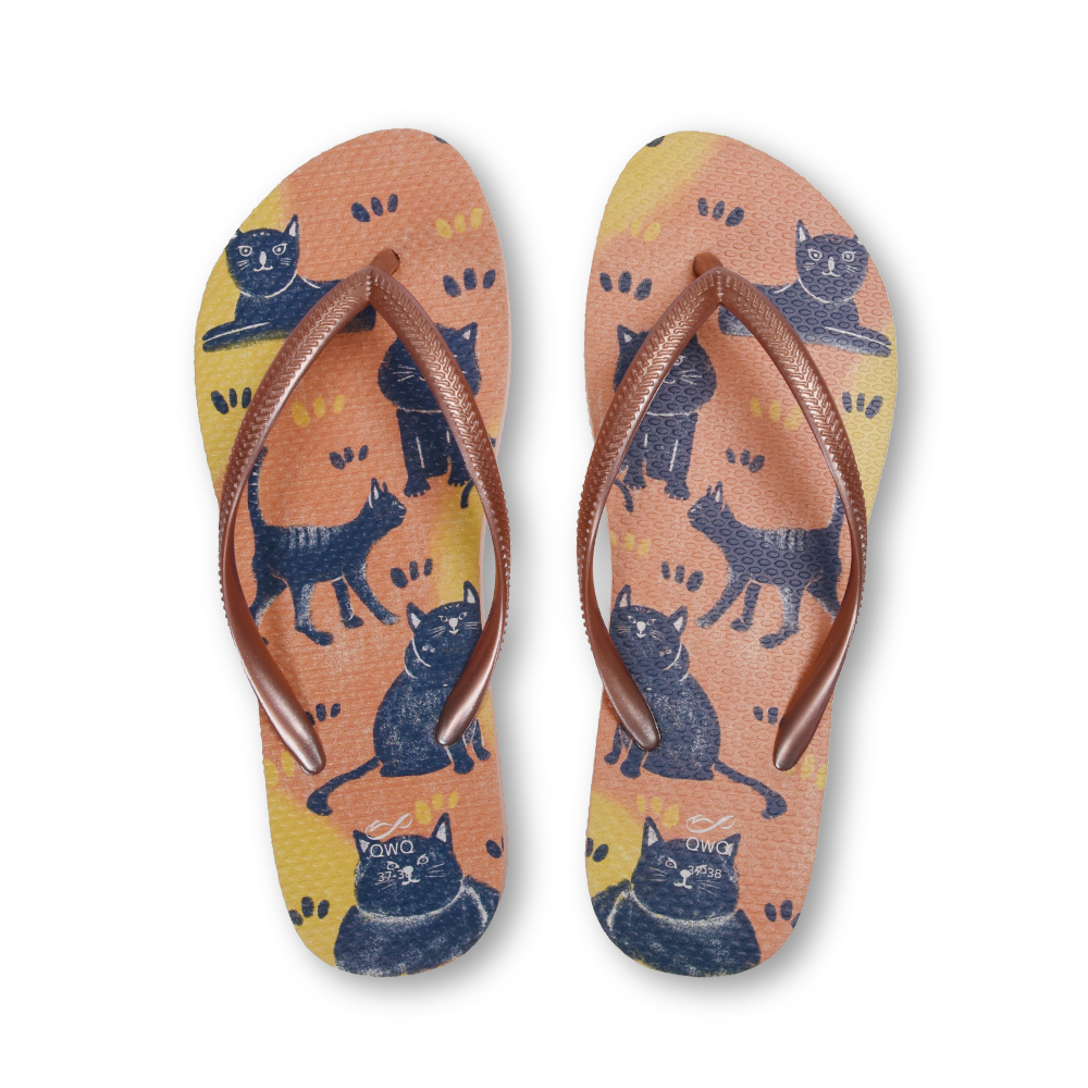 普普設計 貓咪 女款細帶人字夾腳拖鞋 粉金色