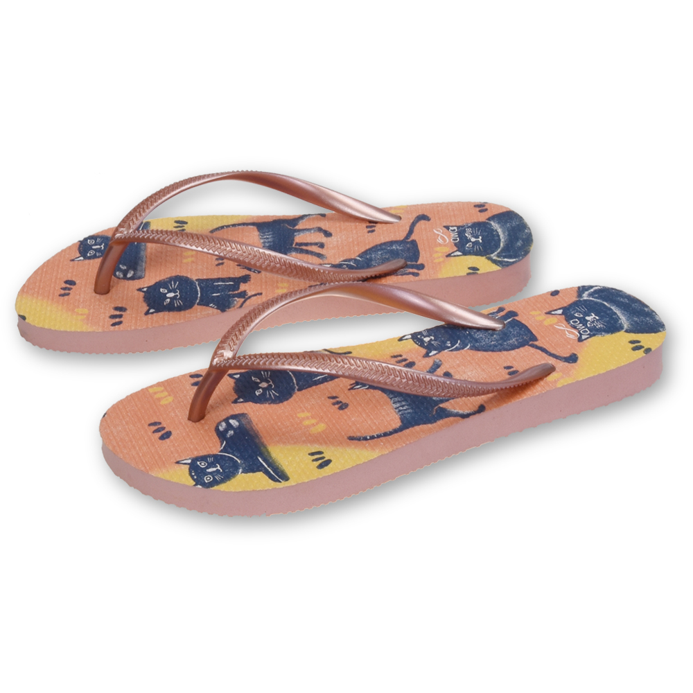 普普設計 貓咪 女款細帶人字夾腳拖鞋 粉金色