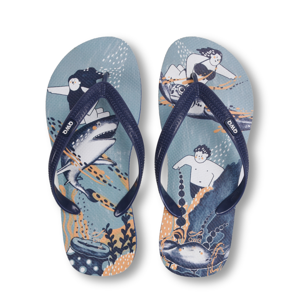 普普設計 悠遊海洋 男款粗帶人字夾腳拖鞋 藍色